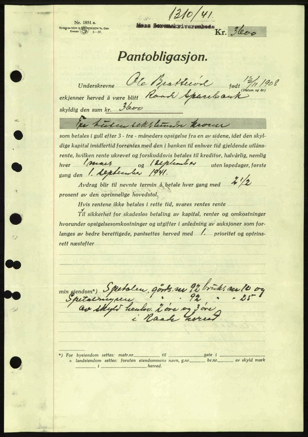 Moss sorenskriveri, AV/SAO-A-10168: Mortgage book no. B11, 1941-1942, Diary no: : 1310/1941