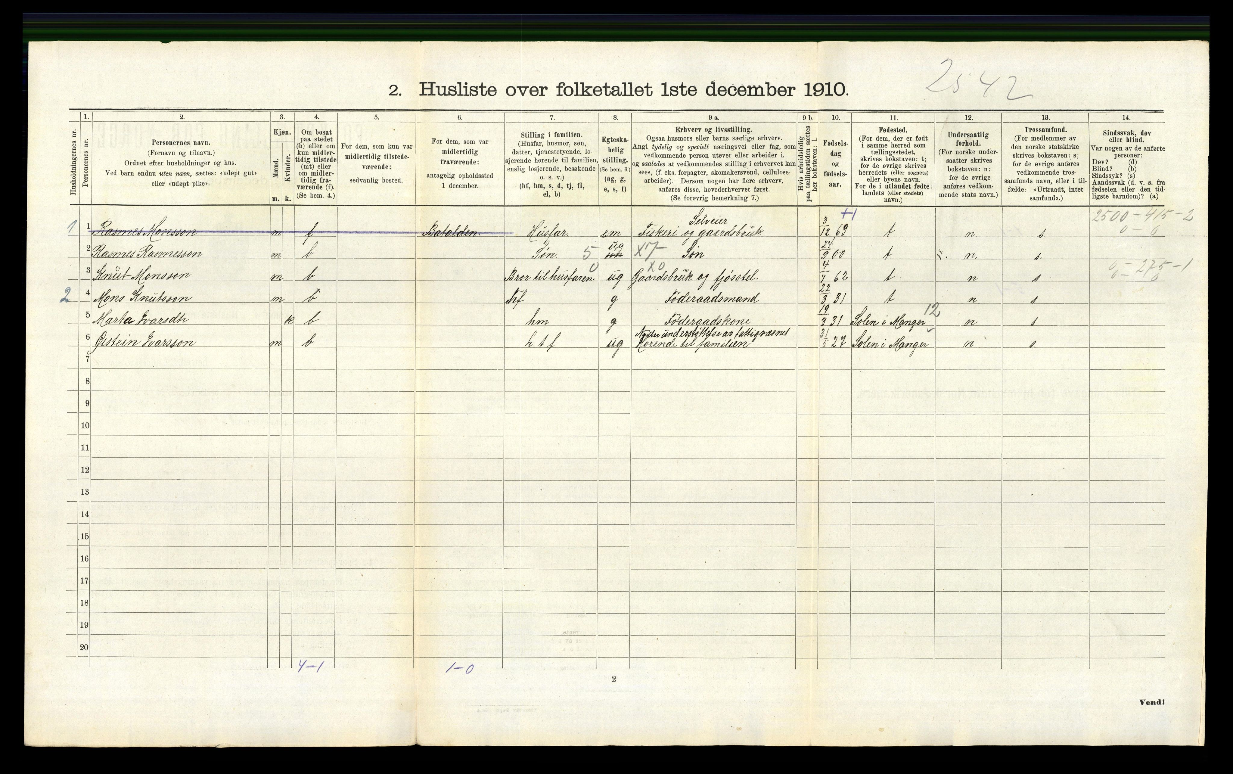 RA, 1910 census for Herdla, 1910, p. 1075