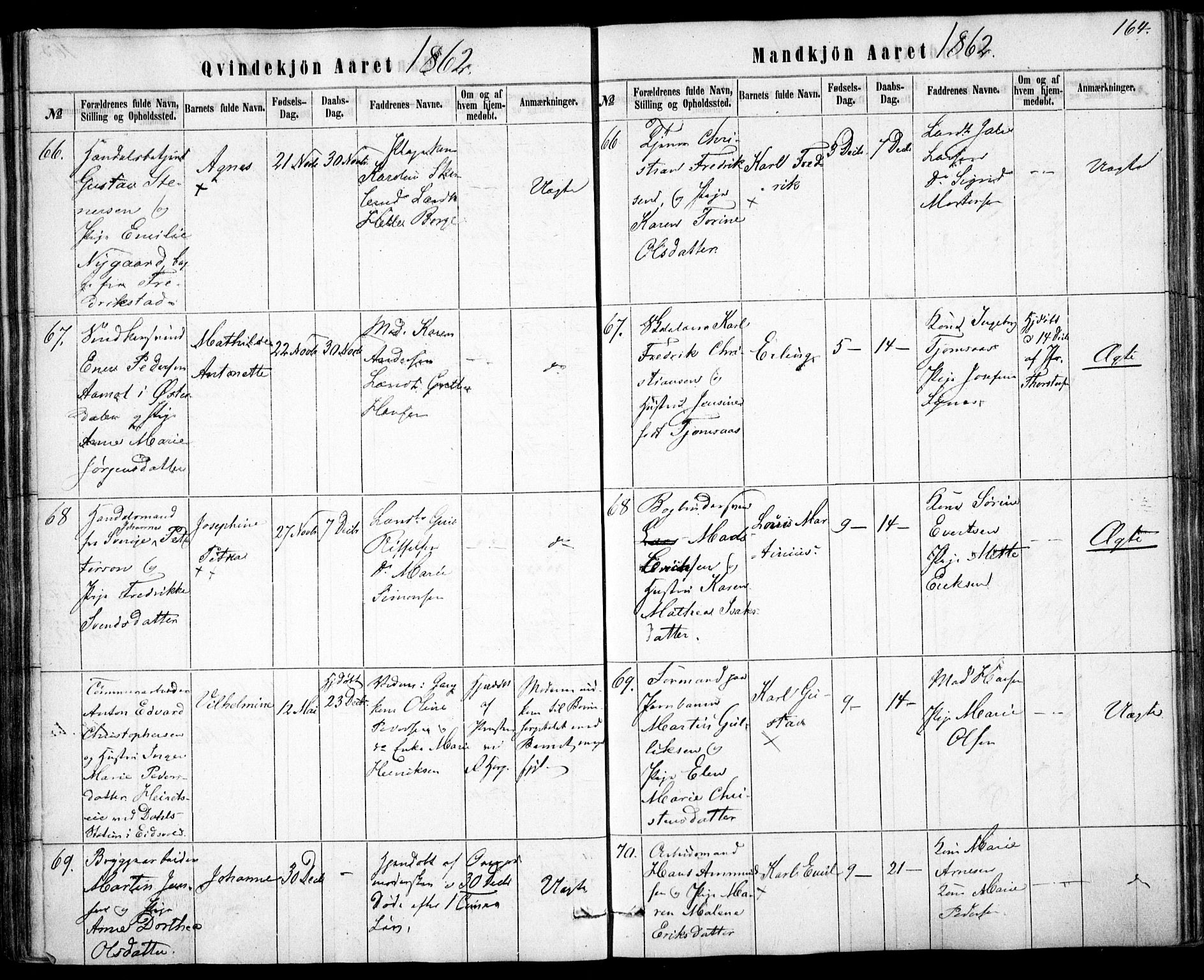 Rikshospitalet prestekontor Kirkebøker, AV/SAO-A-10309b/F/L0004: Parish register (official) no. 4, 1853-1870, p. 164