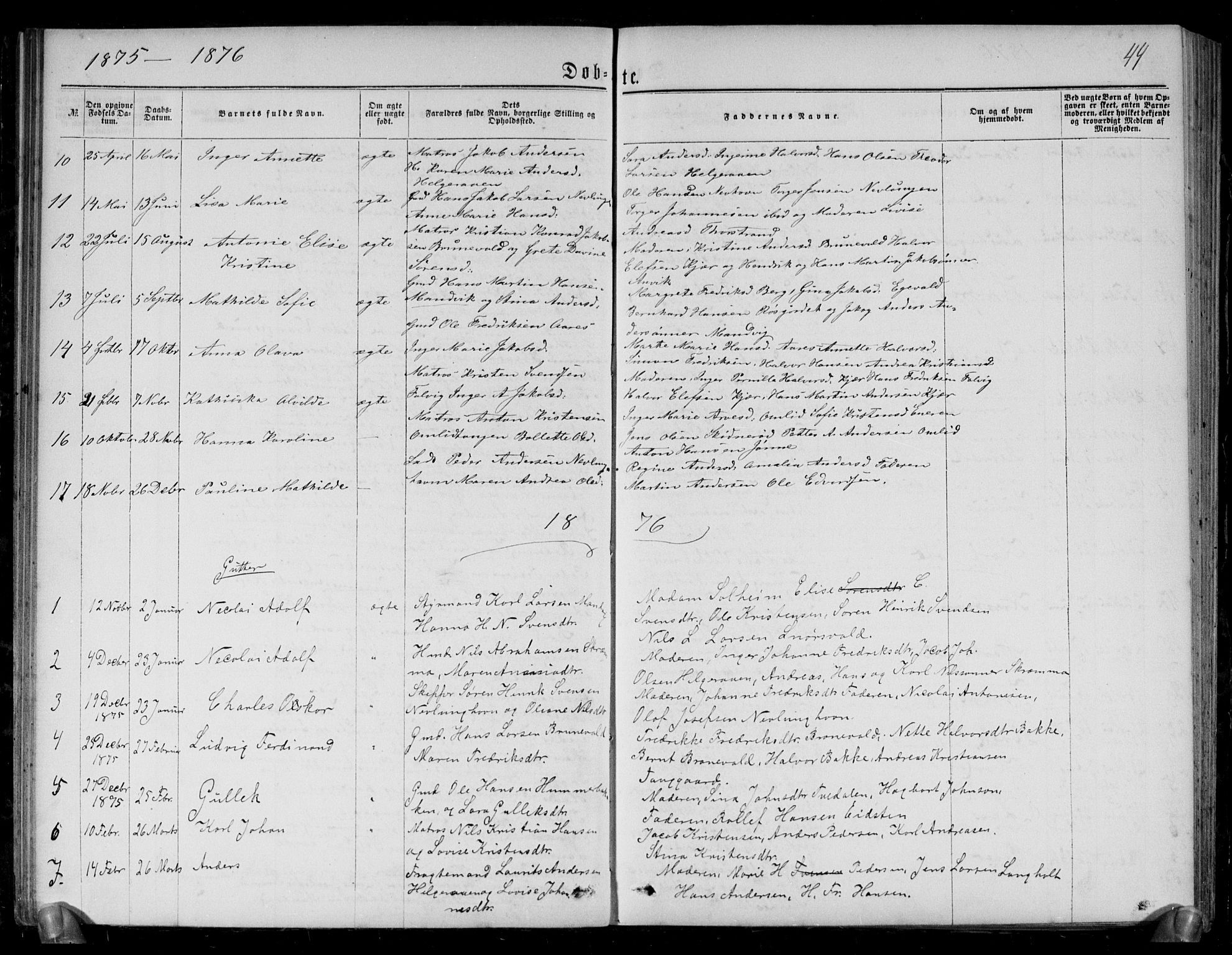 Brunlanes kirkebøker, SAKO/A-342/G/Gb/L0001: Parish register (copy) no. II 1, 1866-1877, p. 44