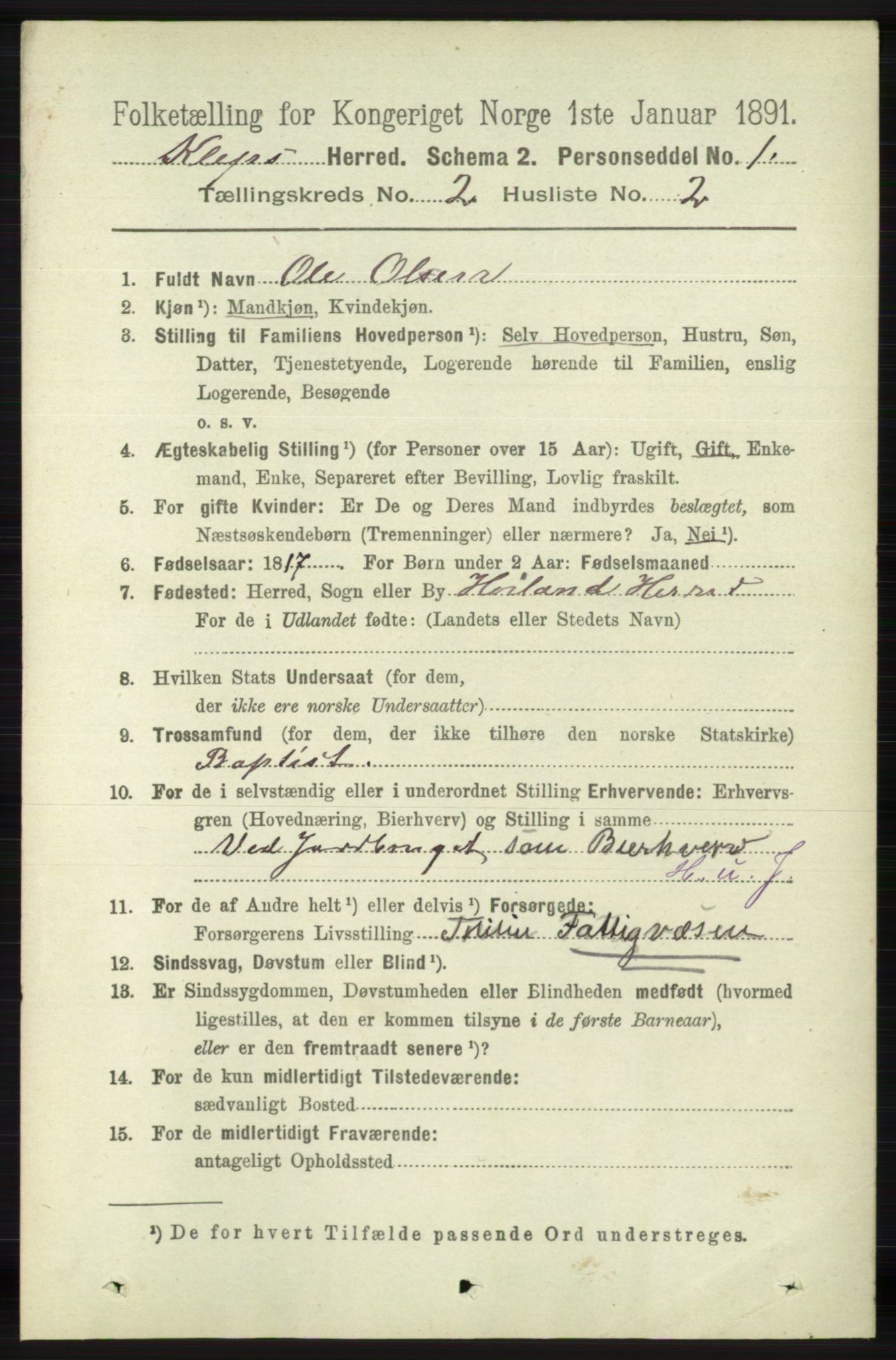 RA, 1891 census for 1120 Klepp, 1891, p. 366