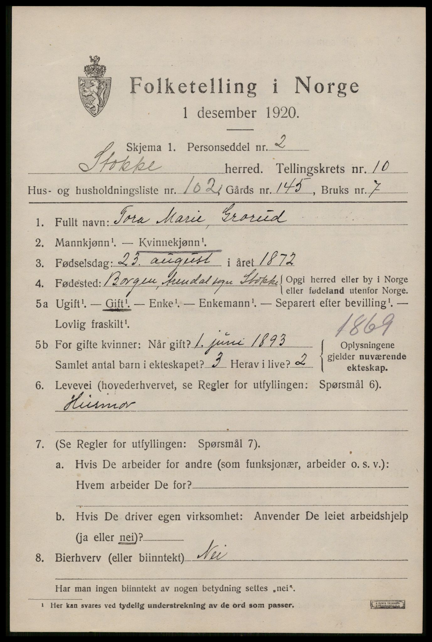 SAKO, 1920 census for Stokke, 1920, p. 12248