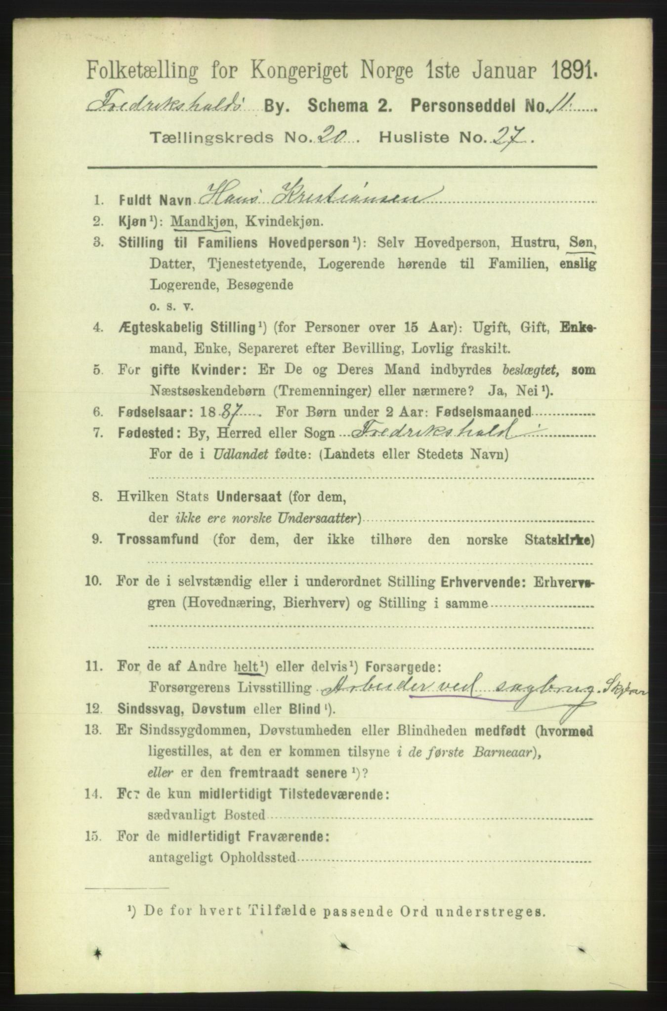 RA, 1891 census for 0101 Fredrikshald, 1891, p. 12722