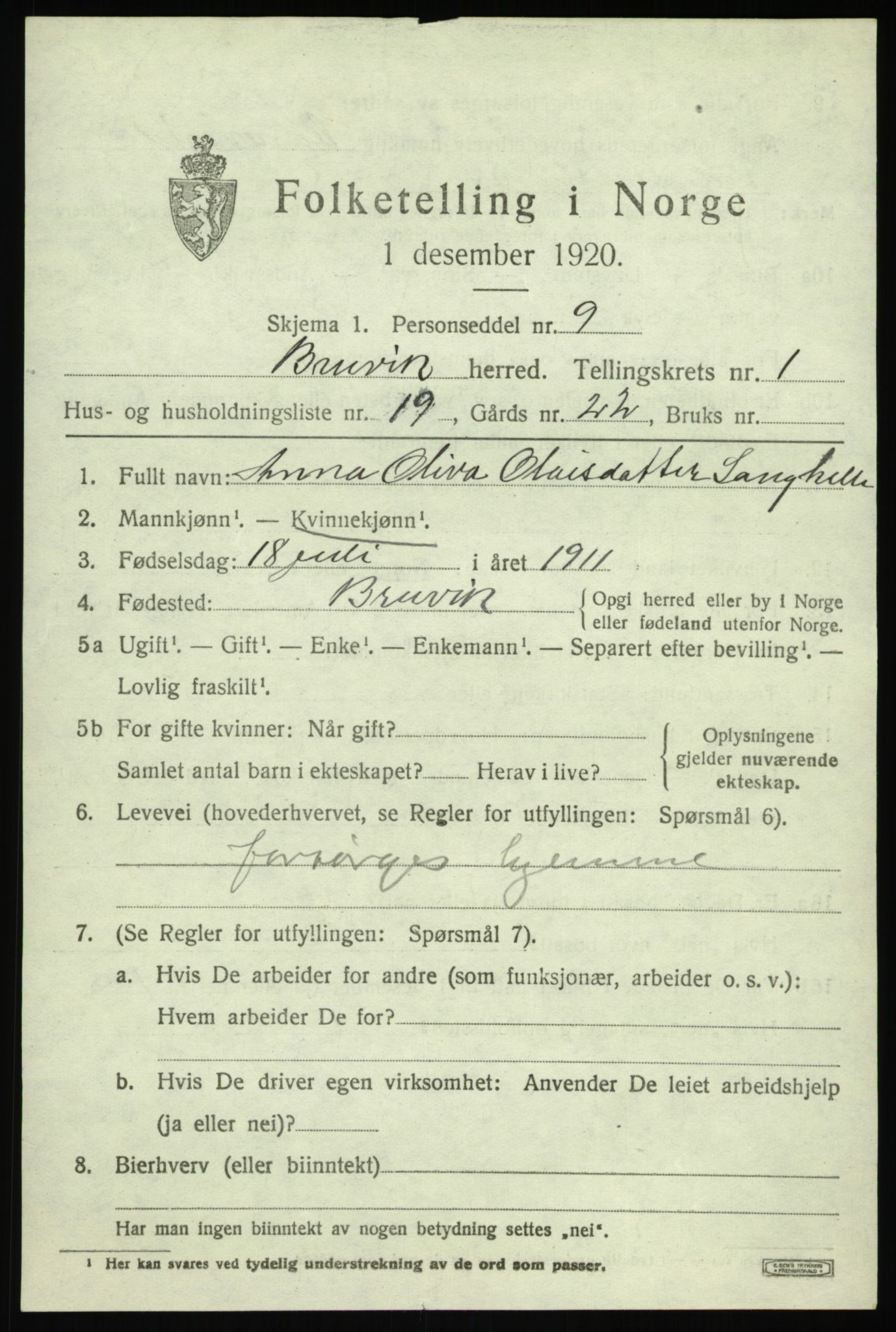 SAB, 1920 census for Bruvik, 1920, p. 1352