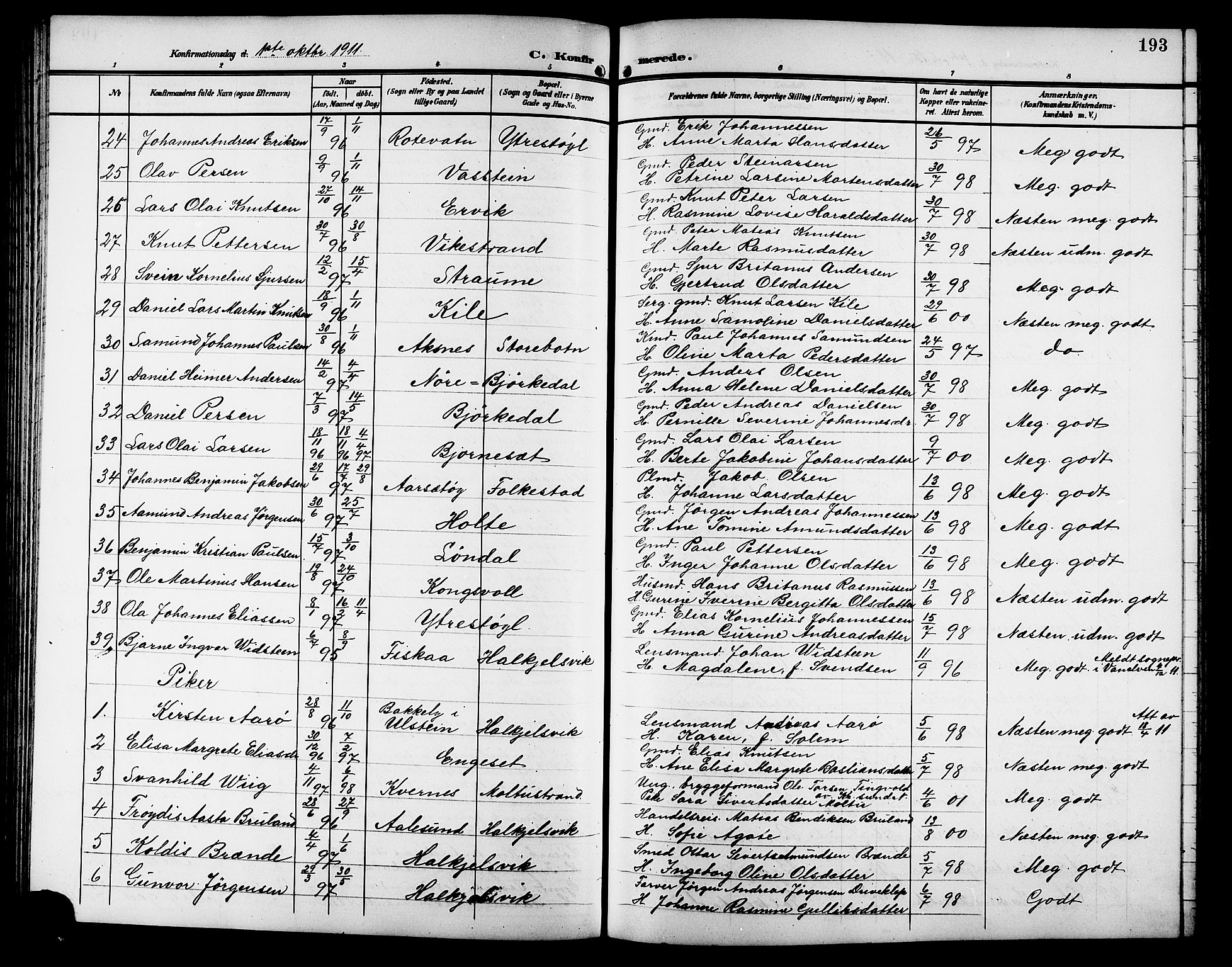 Ministerialprotokoller, klokkerbøker og fødselsregistre - Møre og Romsdal, SAT/A-1454/511/L0159: Parish register (copy) no. 511C05, 1902-1920, p. 193