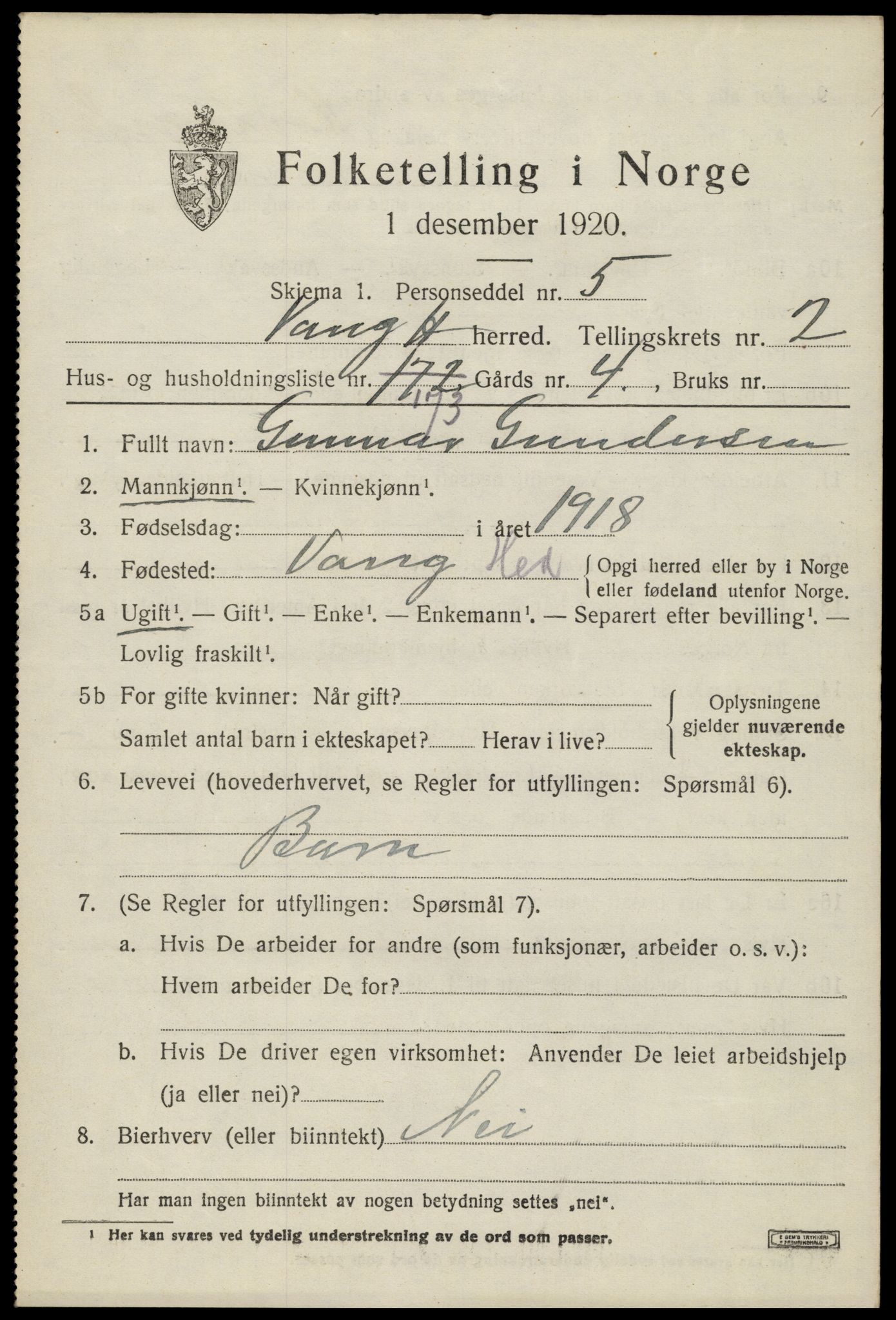 SAH, 1920 census for Vang (Hedmark), 1920, p. 9049