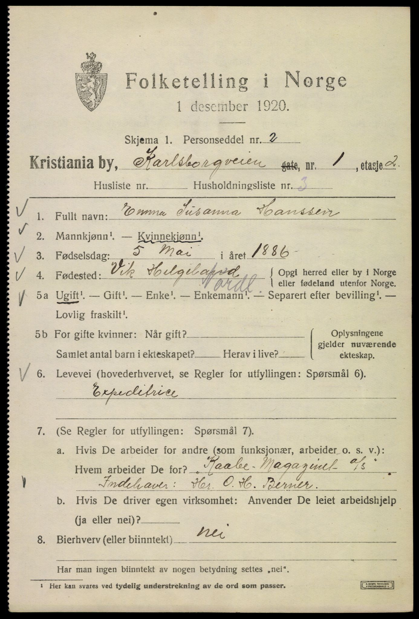 SAO, 1920 census for Kristiania, 1920, p. 330007