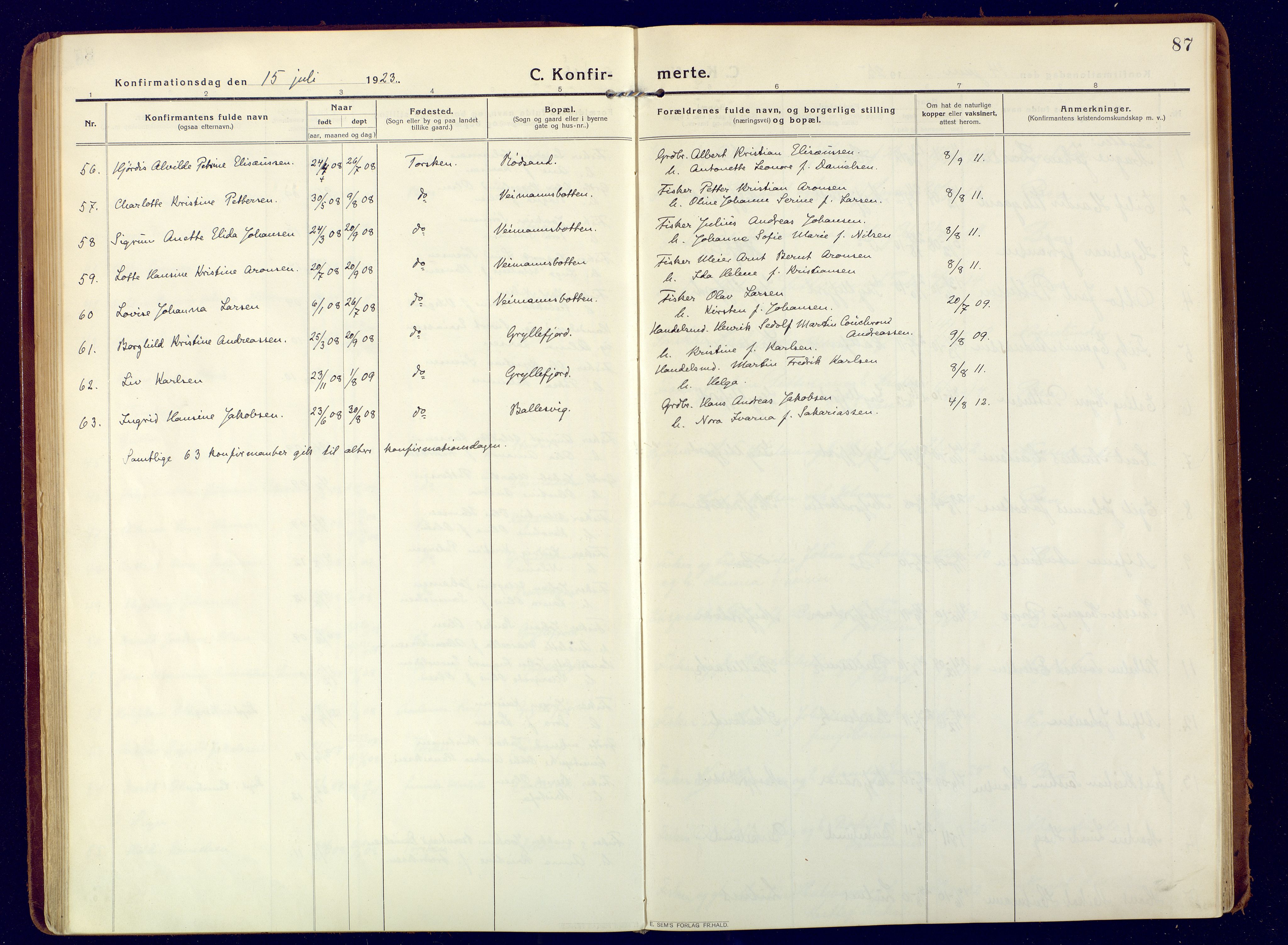 Berg sokneprestkontor, SATØ/S-1318/G/Ga/Gaa: Parish register (official) no. 9, 1916-1928, p. 87