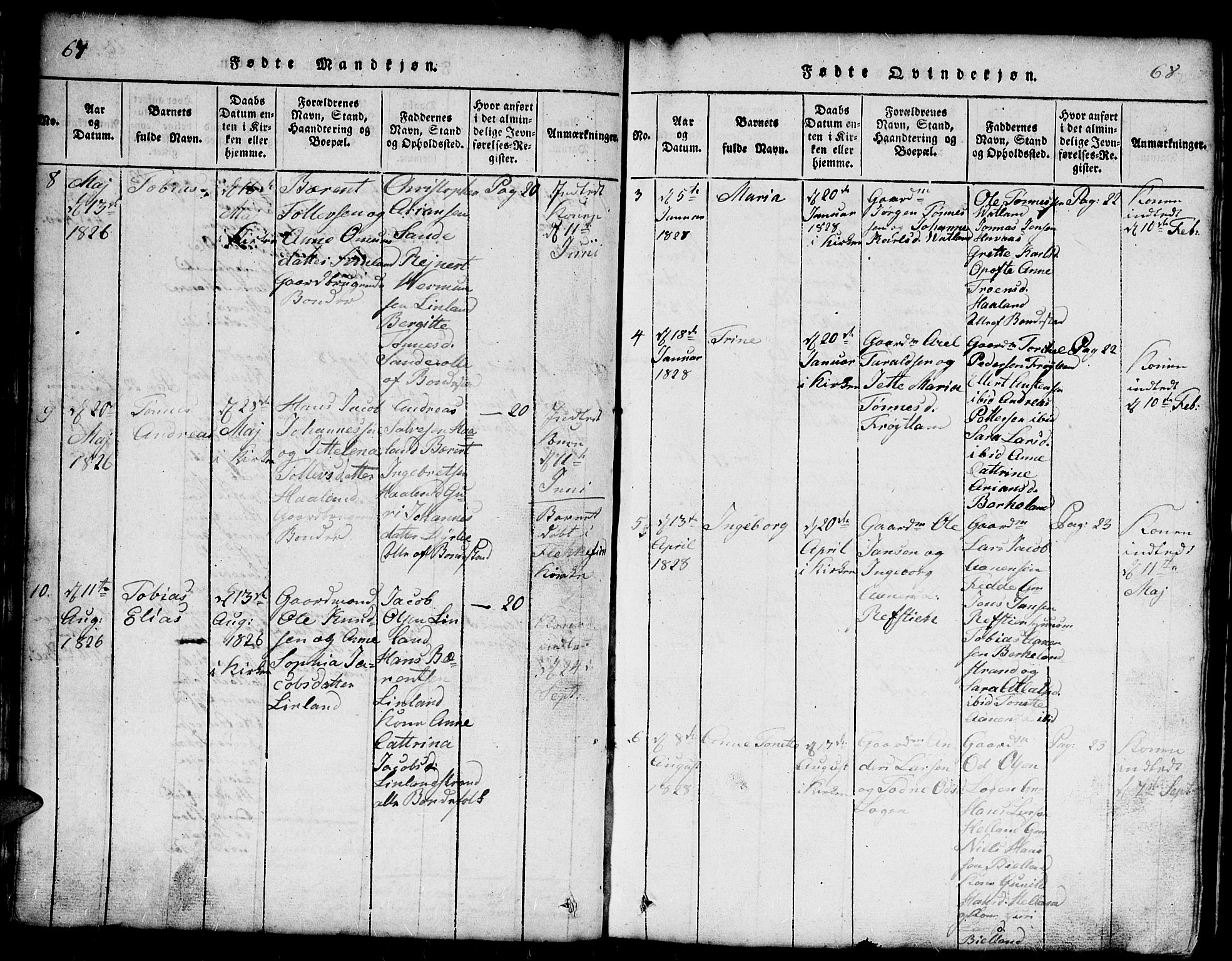 Kvinesdal sokneprestkontor, SAK/1111-0026/F/Fb/Fba/L0001: Parish register (copy) no. B 1, 1815-1839, p. 67-68