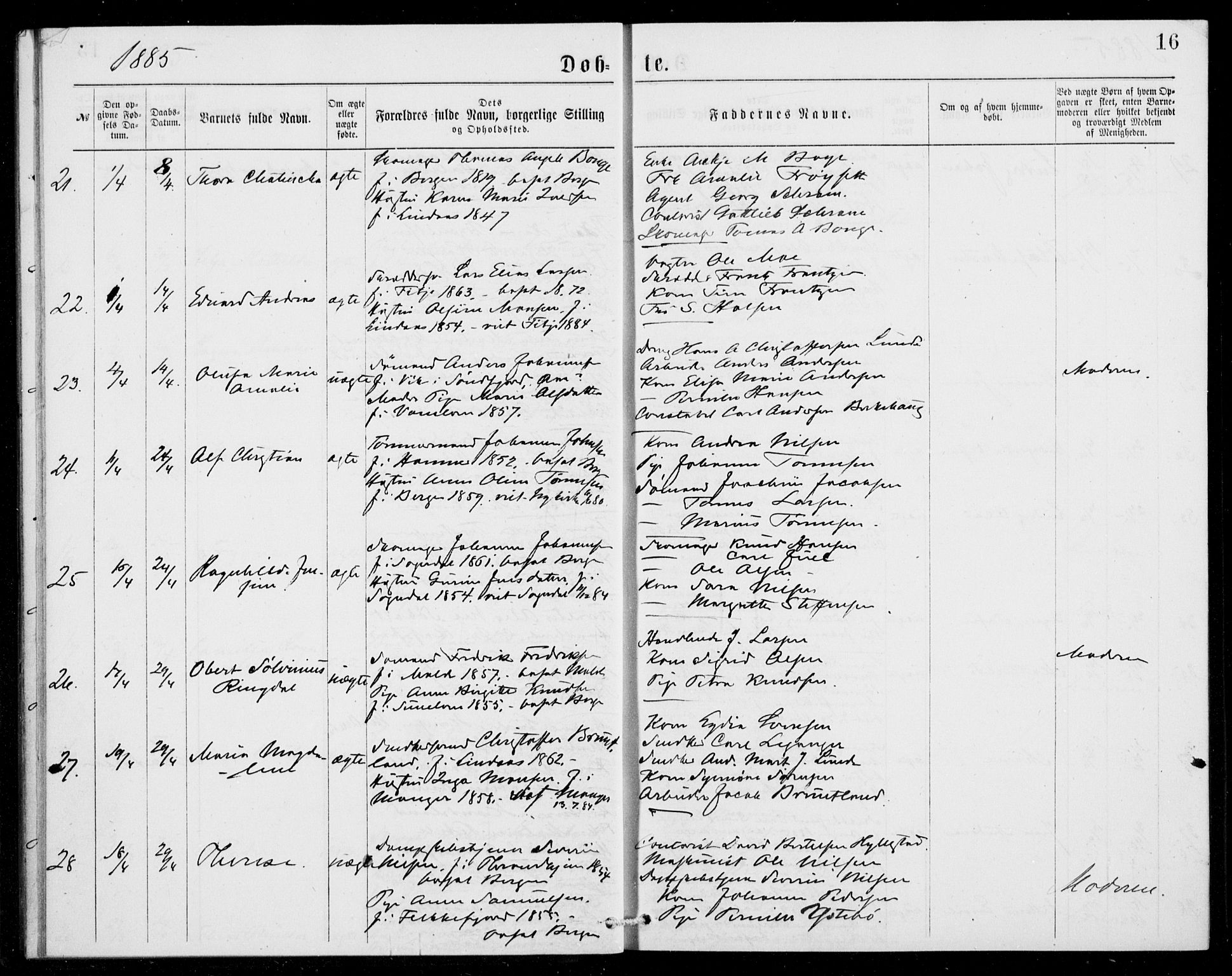 Fødselsstiftelsens sokneprestembete, ført av overlegen*, SAB/-: Parish register (official) no. A 2, 1884-1900, p. 16