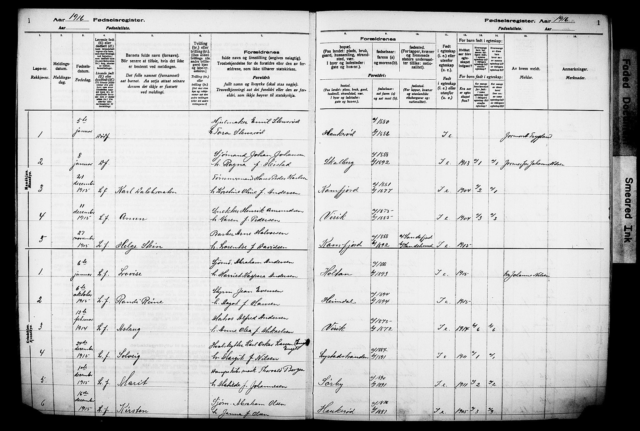 Sandar kirkebøker, AV/SAKO-A-243/J/Ja/L0001: Birth register no. 1, 1916-1922, p. 1