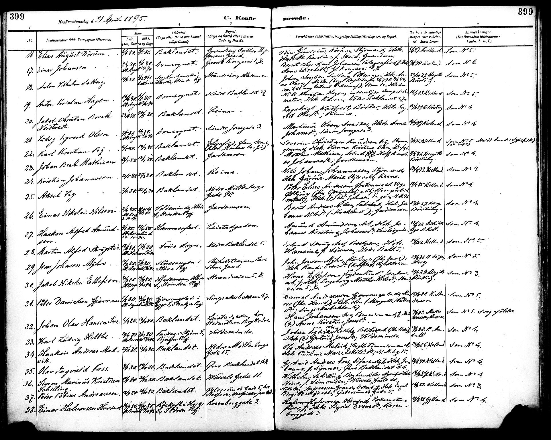 Ministerialprotokoller, klokkerbøker og fødselsregistre - Sør-Trøndelag, SAT/A-1456/604/L0197: Parish register (official) no. 604A18, 1893-1900, p. 399