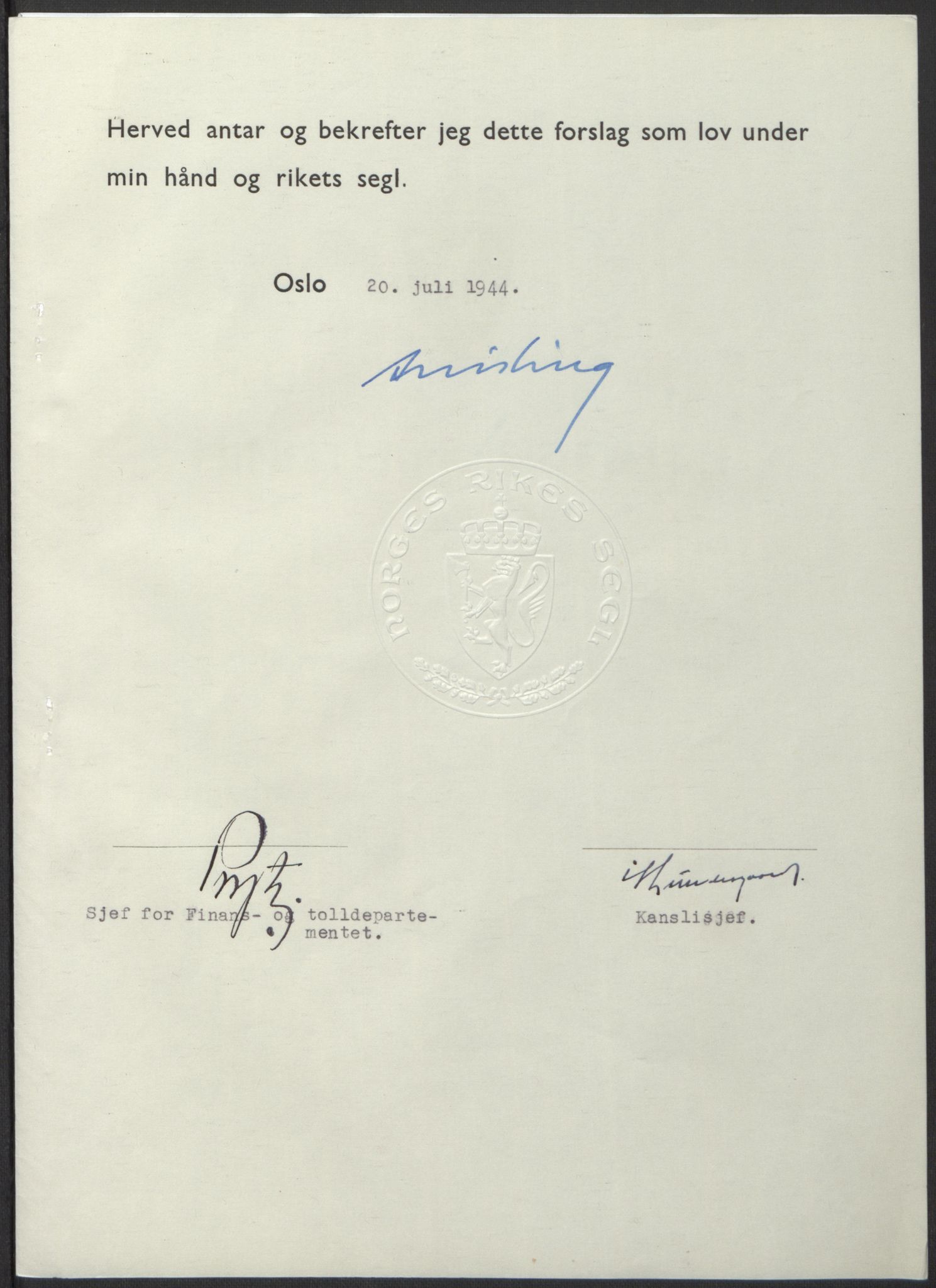 NS-administrasjonen 1940-1945 (Statsrådsekretariatet, de kommisariske statsråder mm), AV/RA-S-4279/D/Db/L0100: Lover, 1944, p. 357