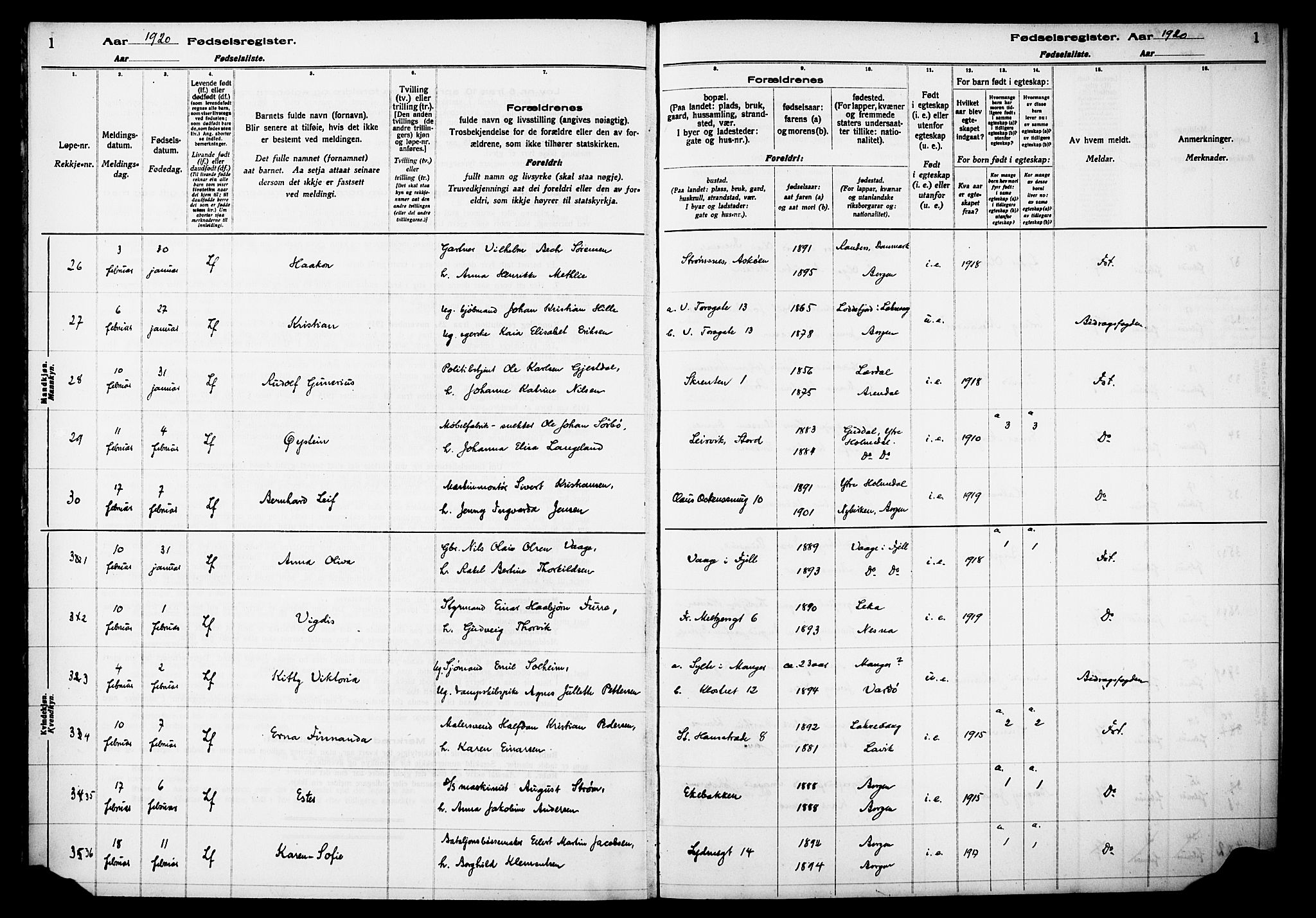 Kvinneklinikken, AV/SAB-A-76301/F/L0A02: Birth register no. A 2, 1920-1924, p. 1