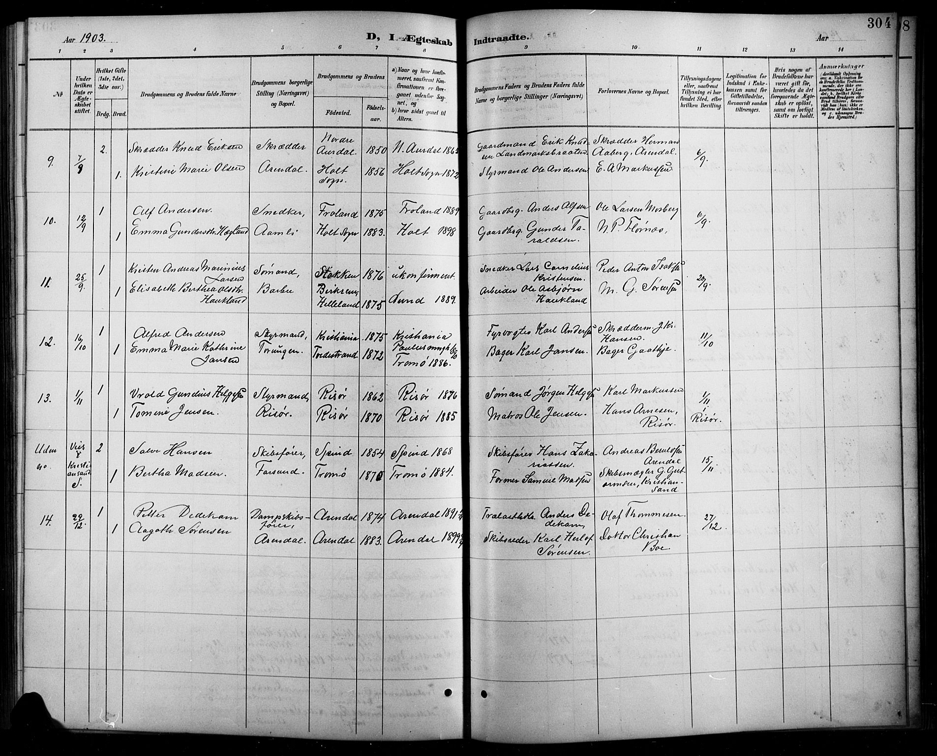 Arendal sokneprestkontor, Trefoldighet, SAK/1111-0040/F/Fb/L0006: Parish register (copy) no. B 6, 1889-1916, p. 304