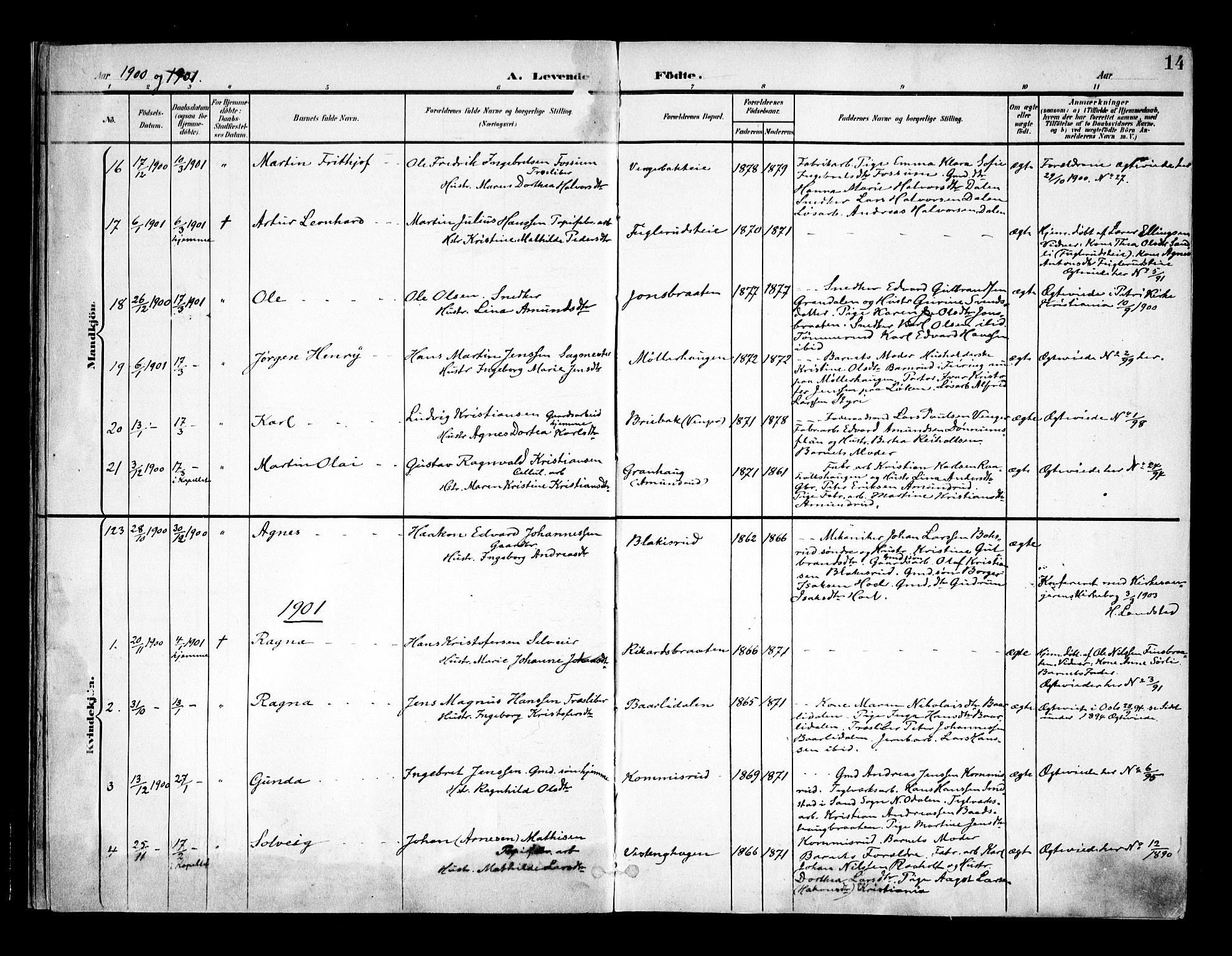 Eidsvoll prestekontor Kirkebøker, AV/SAO-A-10888/F/Fa/L0006: Parish register (official) no. I 6, 1900-1907, p. 14