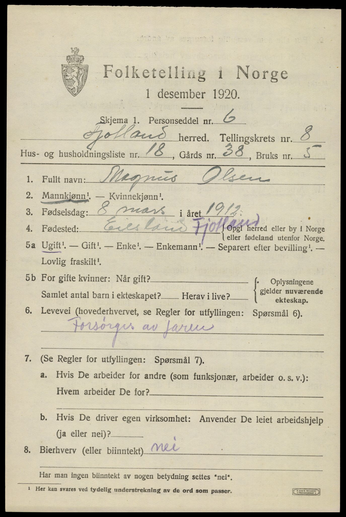 SAK, 1920 census for Fjotland, 1920, p. 2200