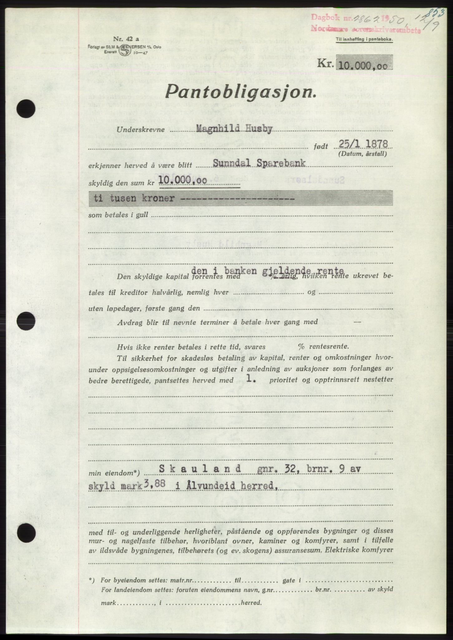 Nordmøre sorenskriveri, AV/SAT-A-4132/1/2/2Ca: Mortgage book no. B105, 1950-1950, Diary no: : 2862/1950