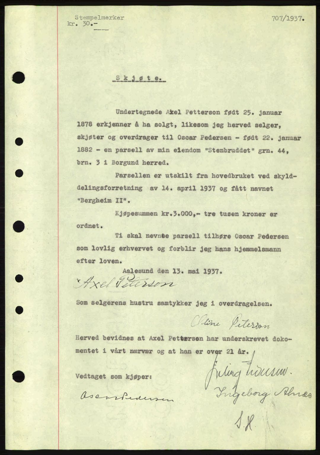 Nordre Sunnmøre sorenskriveri, AV/SAT-A-0006/1/2/2C/2Ca: Mortgage book no. A2, 1936-1937, Diary no: : 707/1937