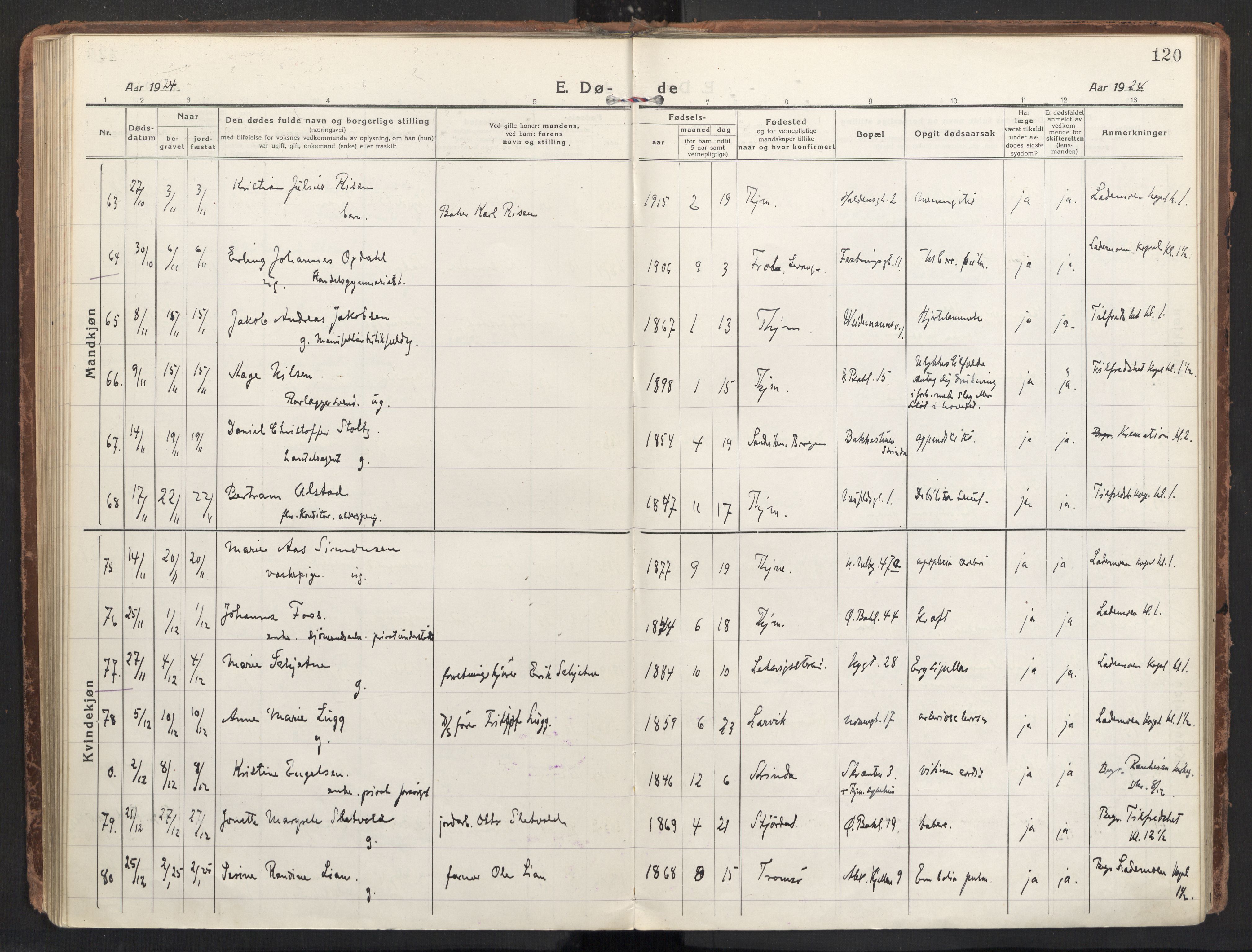 Ministerialprotokoller, klokkerbøker og fødselsregistre - Sør-Trøndelag, AV/SAT-A-1456/604/L0207: Parish register (official) no. 604A27, 1917-1933, p. 120