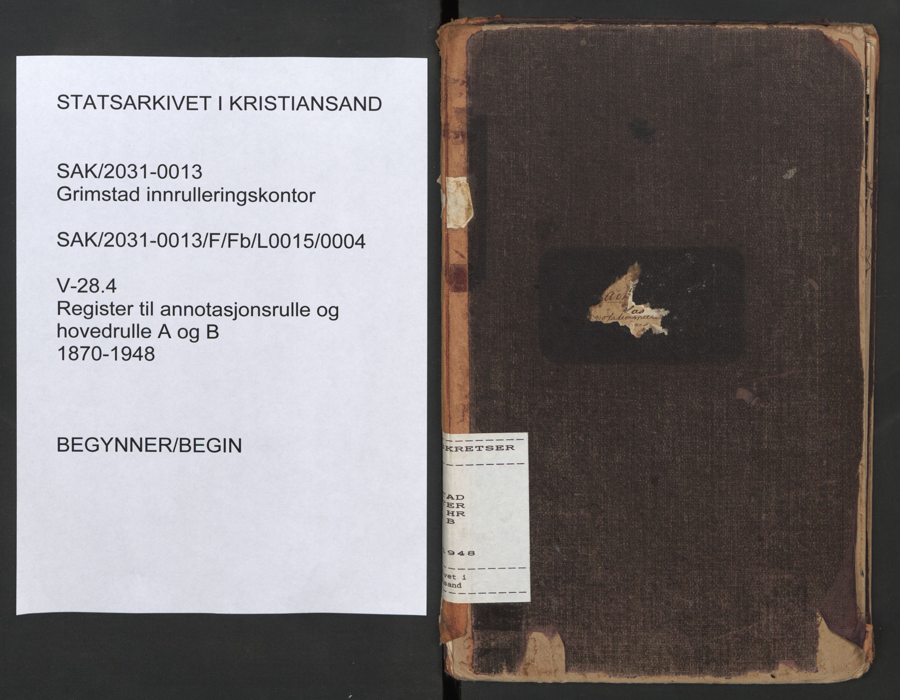 Grimstad mønstringskrets, SAK/2031-0013/F/Fb/L0015/0004: Register til hovedruller og patenter, V-28 / Register til annotasjonsrulle og hovedrulle A og B, 1870-1948, p. 1