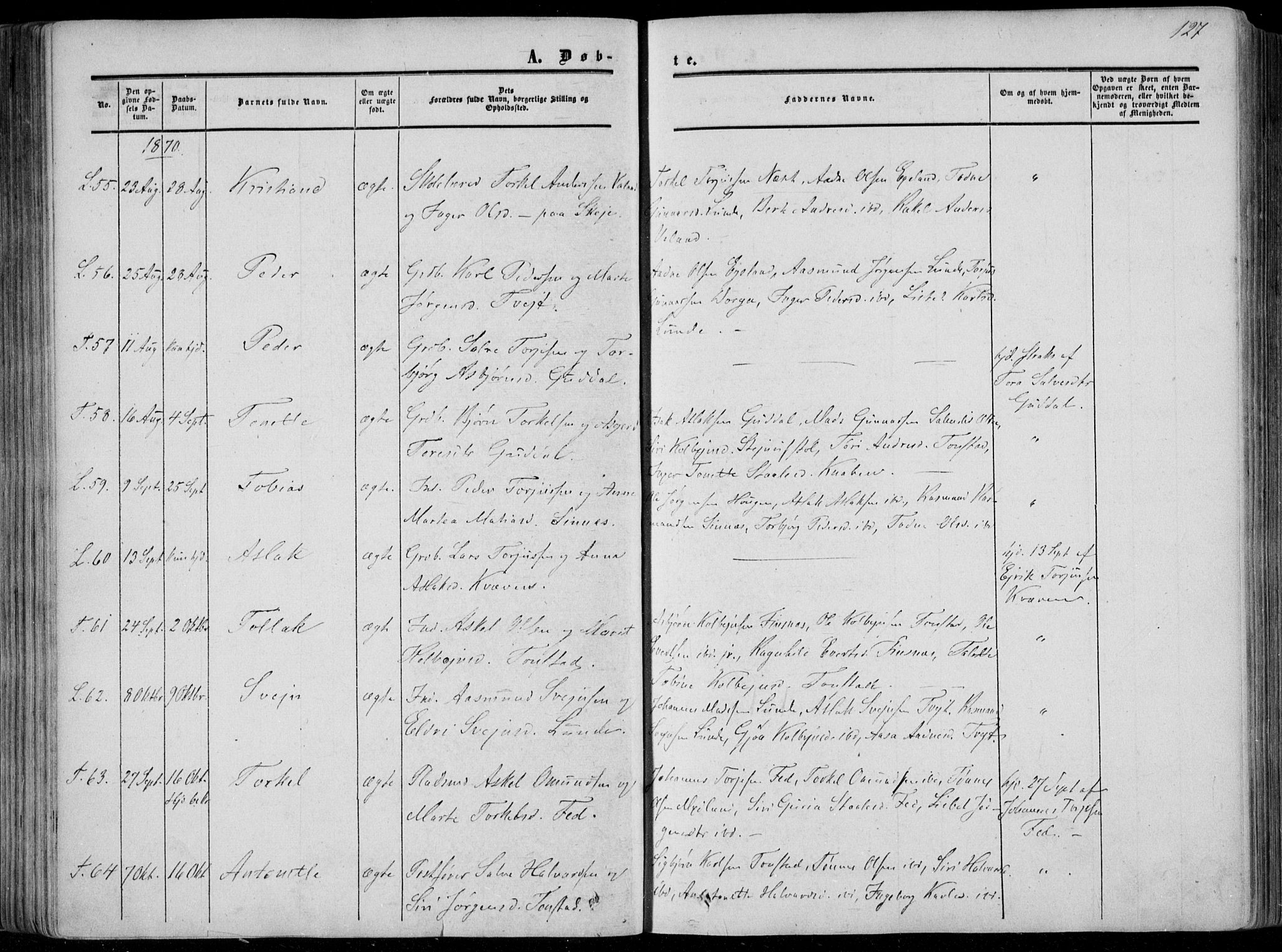 Sirdal sokneprestkontor, AV/SAK-1111-0036/F/Fa/Fab/L0002: Parish register (official) no. A 2, 1855-1874, p. 127