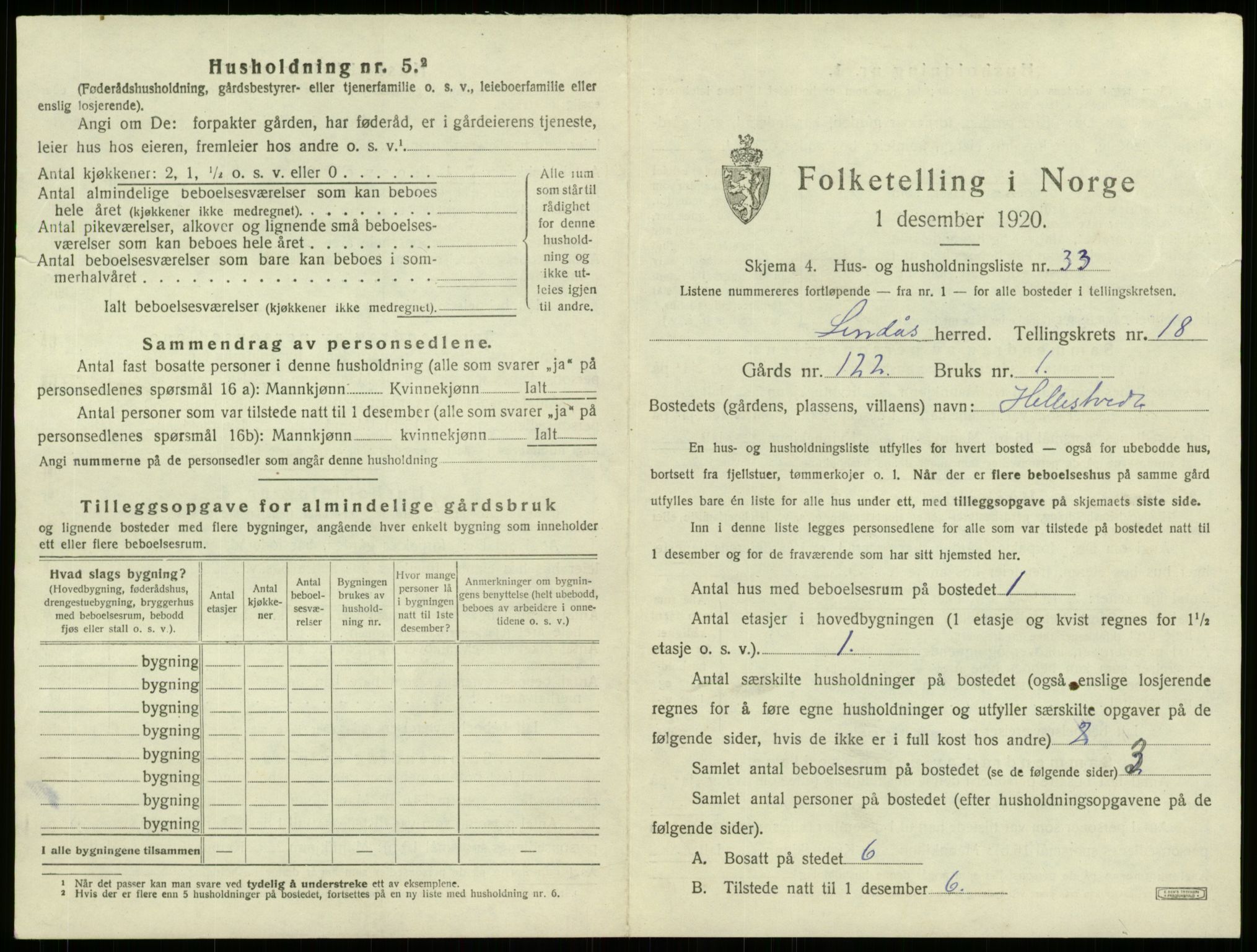 SAB, 1920 census for Lindås, 1920, p. 1340