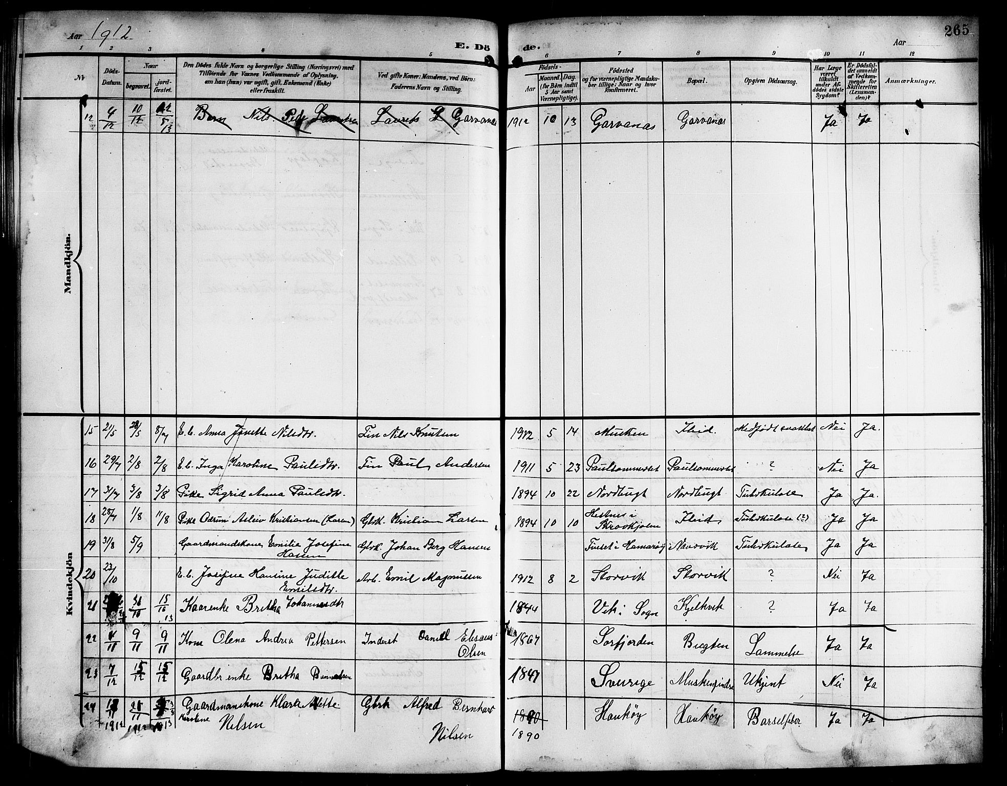 Ministerialprotokoller, klokkerbøker og fødselsregistre - Nordland, AV/SAT-A-1459/861/L0877: Parish register (copy) no. 861C03, 1903-1919, p. 265