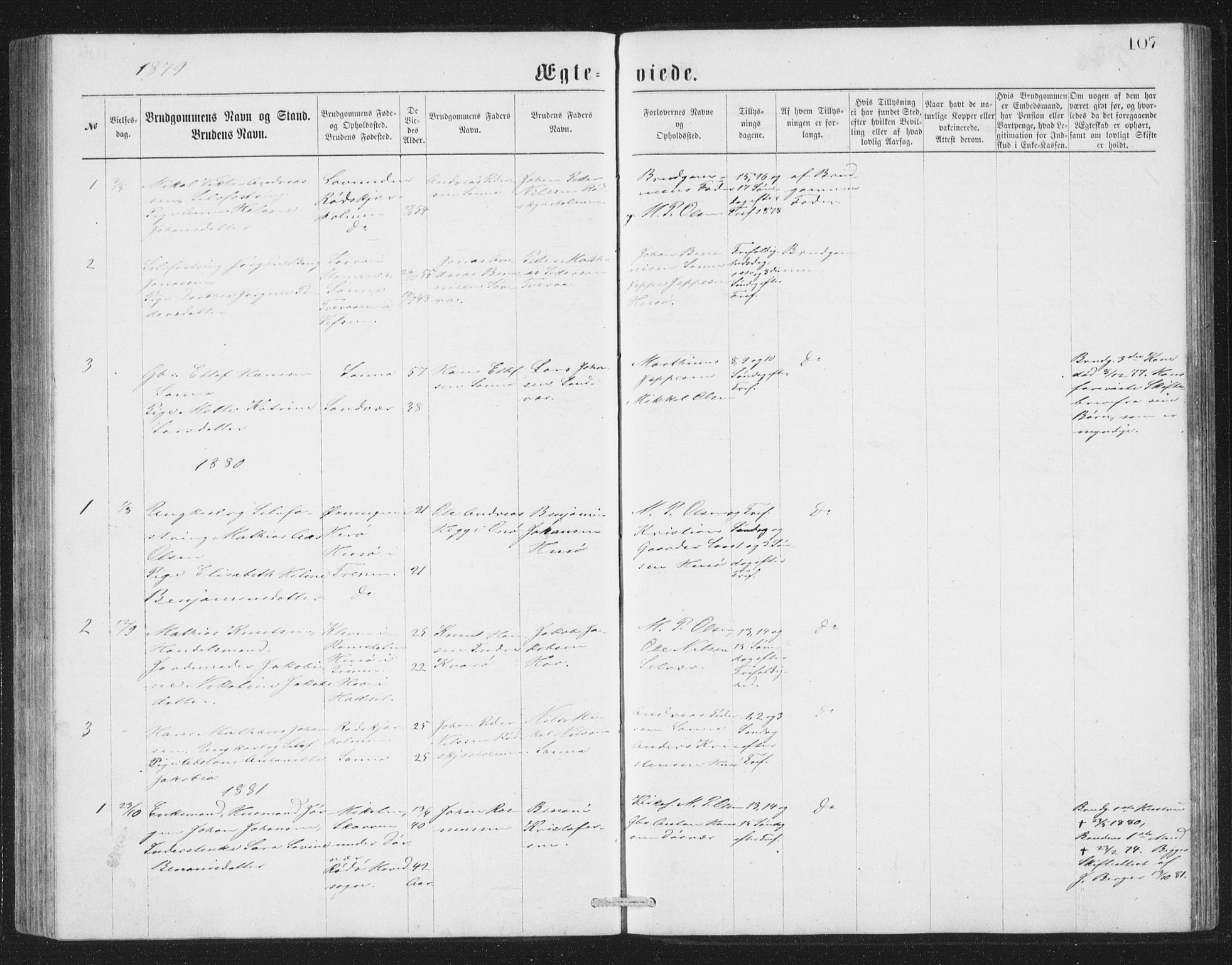 Ministerialprotokoller, klokkerbøker og fødselsregistre - Nordland, AV/SAT-A-1459/840/L0582: Parish register (copy) no. 840C02, 1874-1900, p. 107