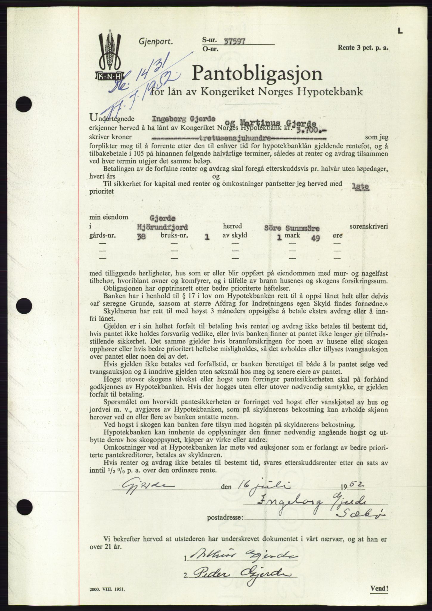 Søre Sunnmøre sorenskriveri, AV/SAT-A-4122/1/2/2C/L0121: Mortgage book no. 9B, 1951-1952, Diary no: : 1431/1952