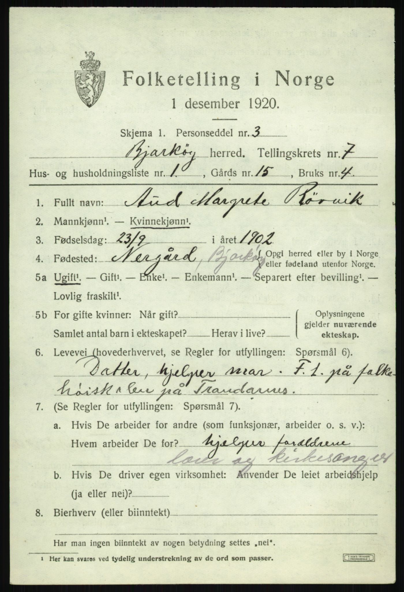 SATØ, 1920 census for Bjarkøy, 1920, p. 2945