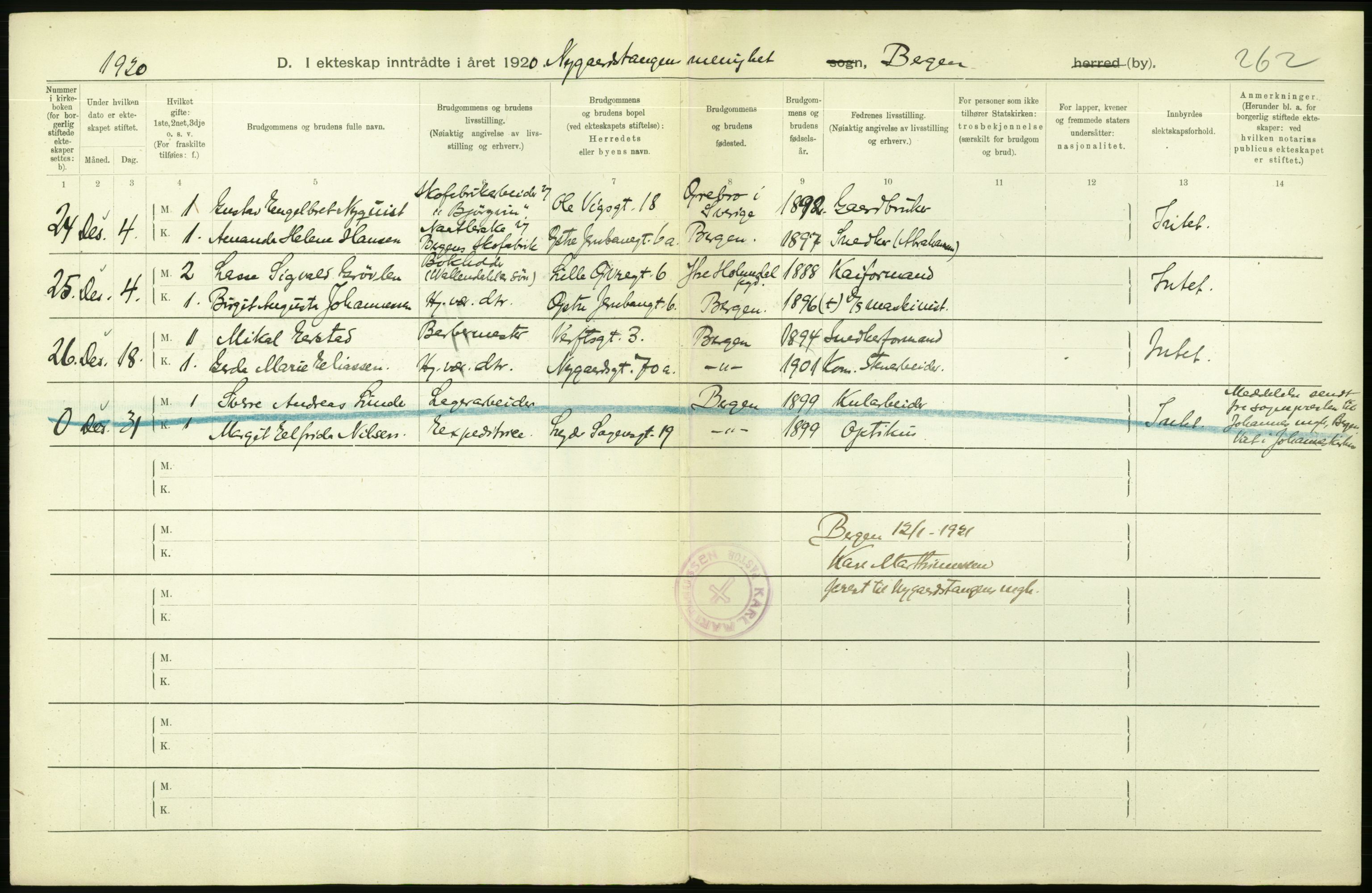 Statistisk sentralbyrå, Sosiodemografiske emner, Befolkning, AV/RA-S-2228/D/Df/Dfb/Dfbj/L0042: Bergen: Gifte, døde, dødfødte., 1920, p. 4