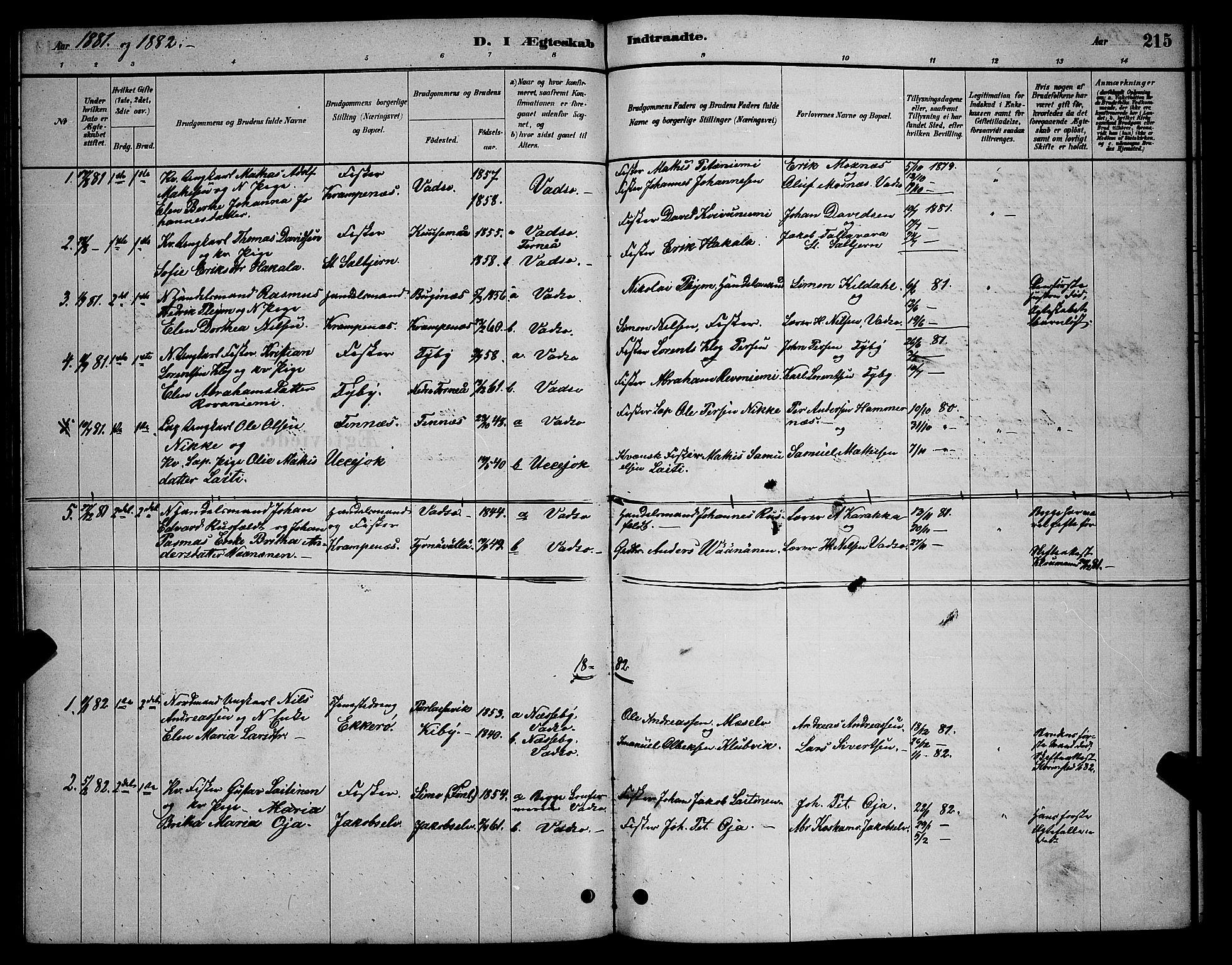 Vadsø sokneprestkontor, SATØ/S-1325/H/Hb/L0003klokker: Parish register (copy) no. 3, 1881-1901, p. 215