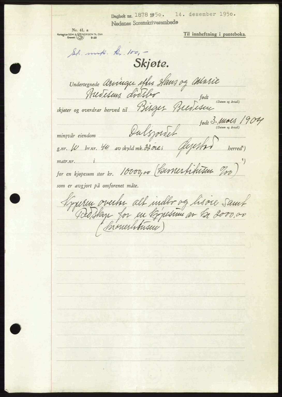 Nedenes sorenskriveri, SAK/1221-0006/G/Gb/Gba/L0063: Mortgage book no. A15, 1950-1950, Diary no: : 1878/1950