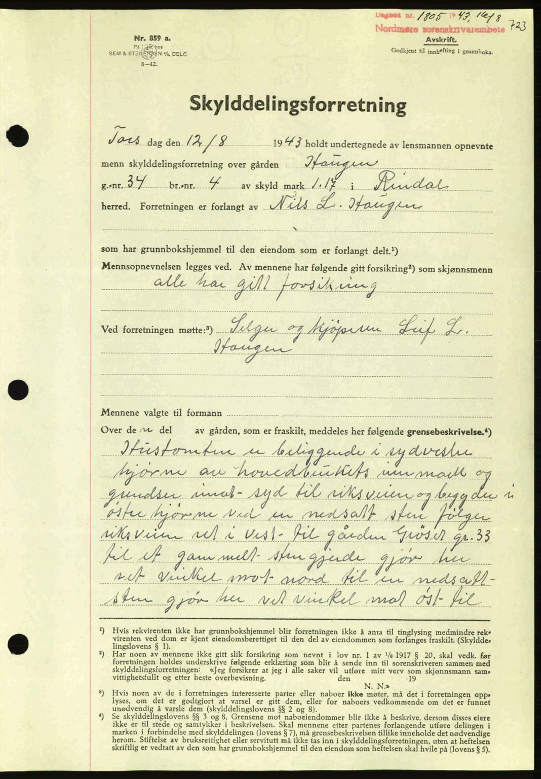 Nordmøre sorenskriveri, AV/SAT-A-4132/1/2/2Ca: Mortgage book no. A95, 1943-1943, Diary no: : 1805/1943