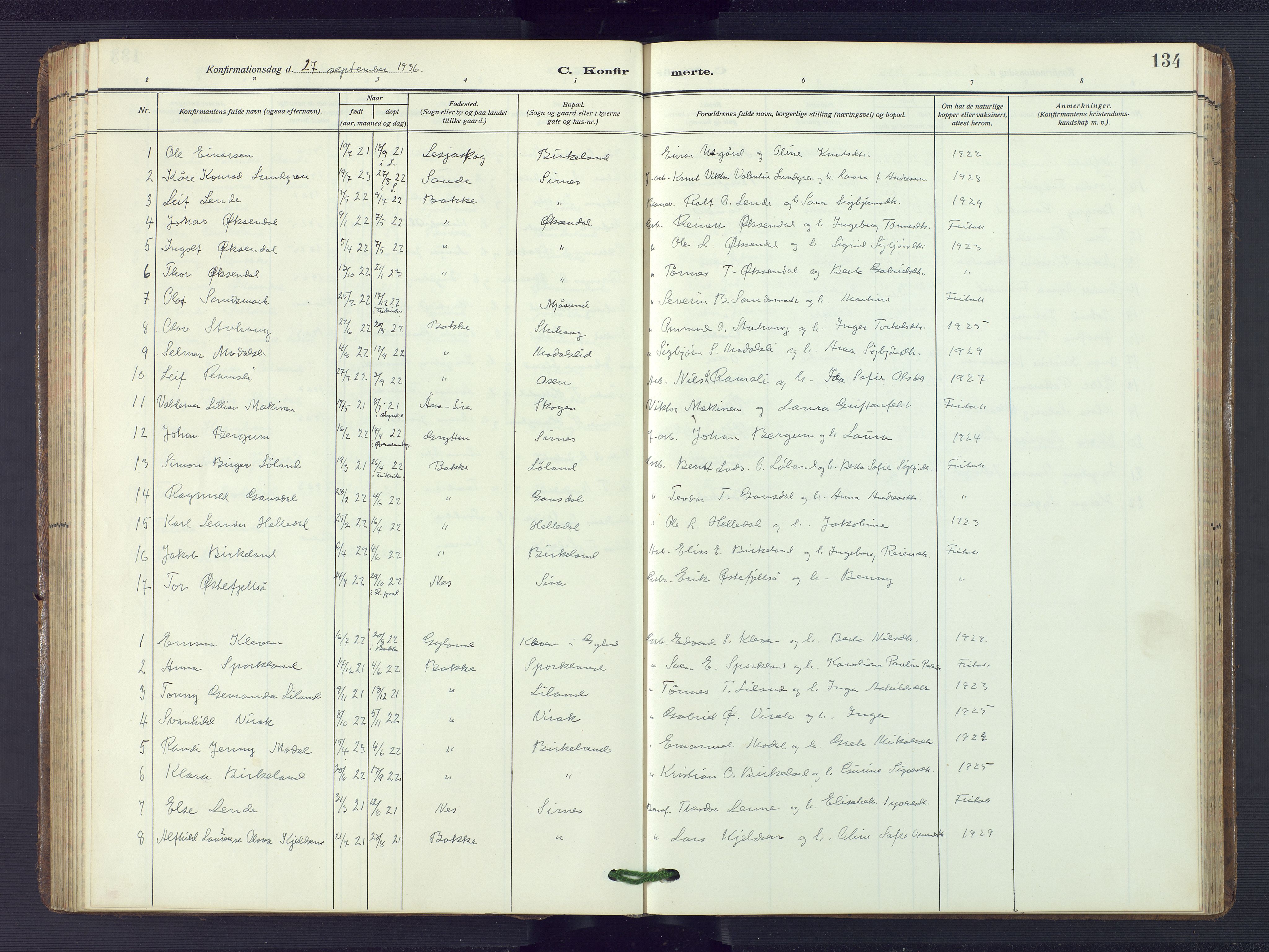 Bakke sokneprestkontor, SAK/1111-0002/F/Fb/Fba/L0004: Parish register (copy) no. B 4, 1911-1946, p. 134