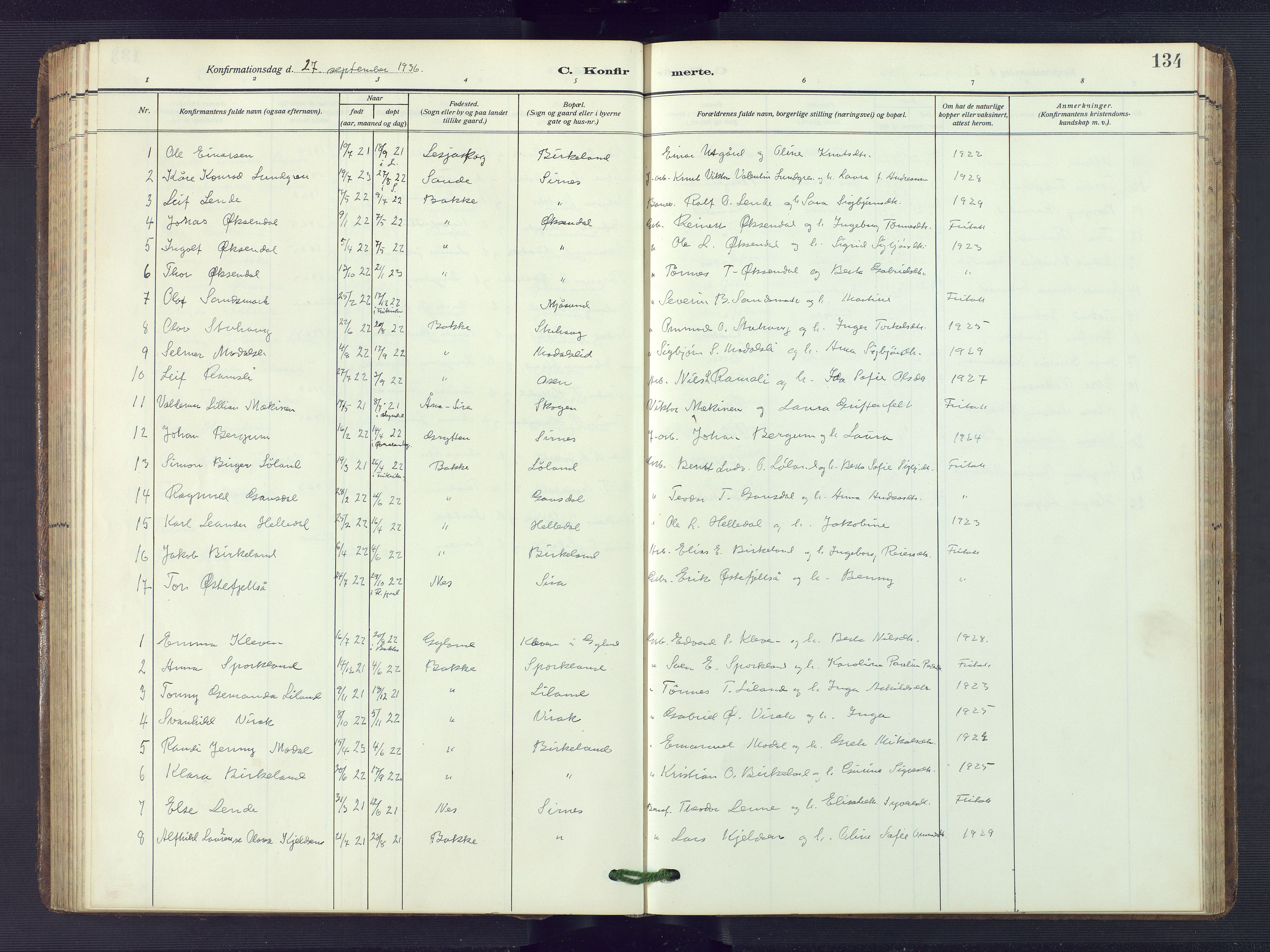 Bakke sokneprestkontor, AV/SAK-1111-0002/F/Fb/Fba/L0004: Parish register (copy) no. B 4, 1911-1946, p. 134