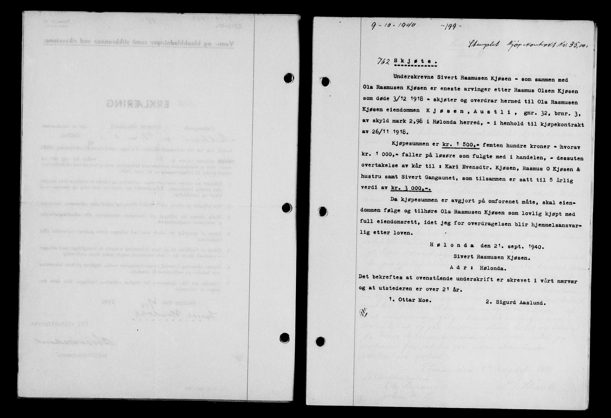 Gauldal sorenskriveri, SAT/A-0014/1/2/2C/L0052: Mortgage book no. 57, 1940-1941, Diary no: : 762/1940