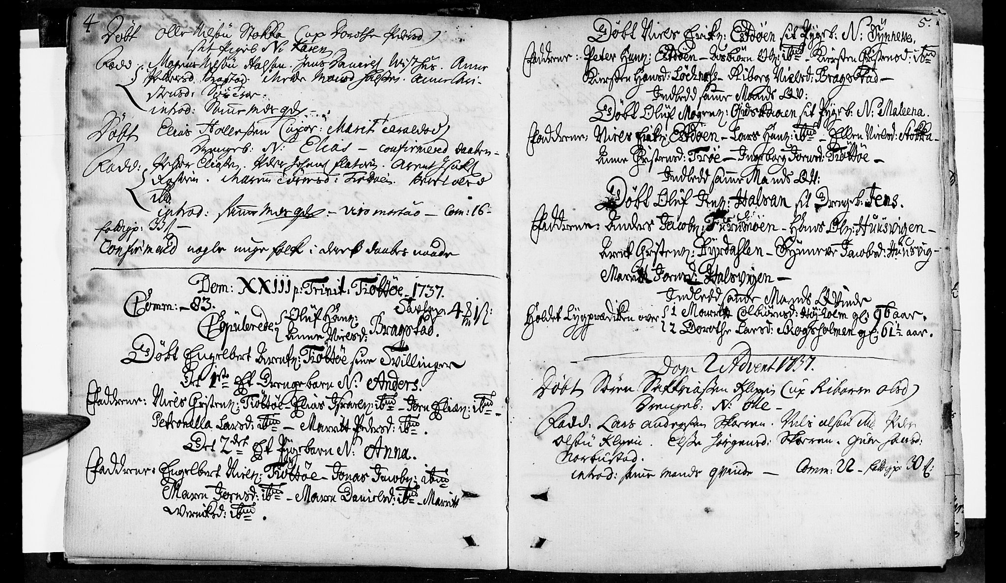 Ministerialprotokoller, klokkerbøker og fødselsregistre - Nordland, AV/SAT-A-1459/830/L0435: Parish register (official) no. 830A04, 1737-1768, p. 4-5