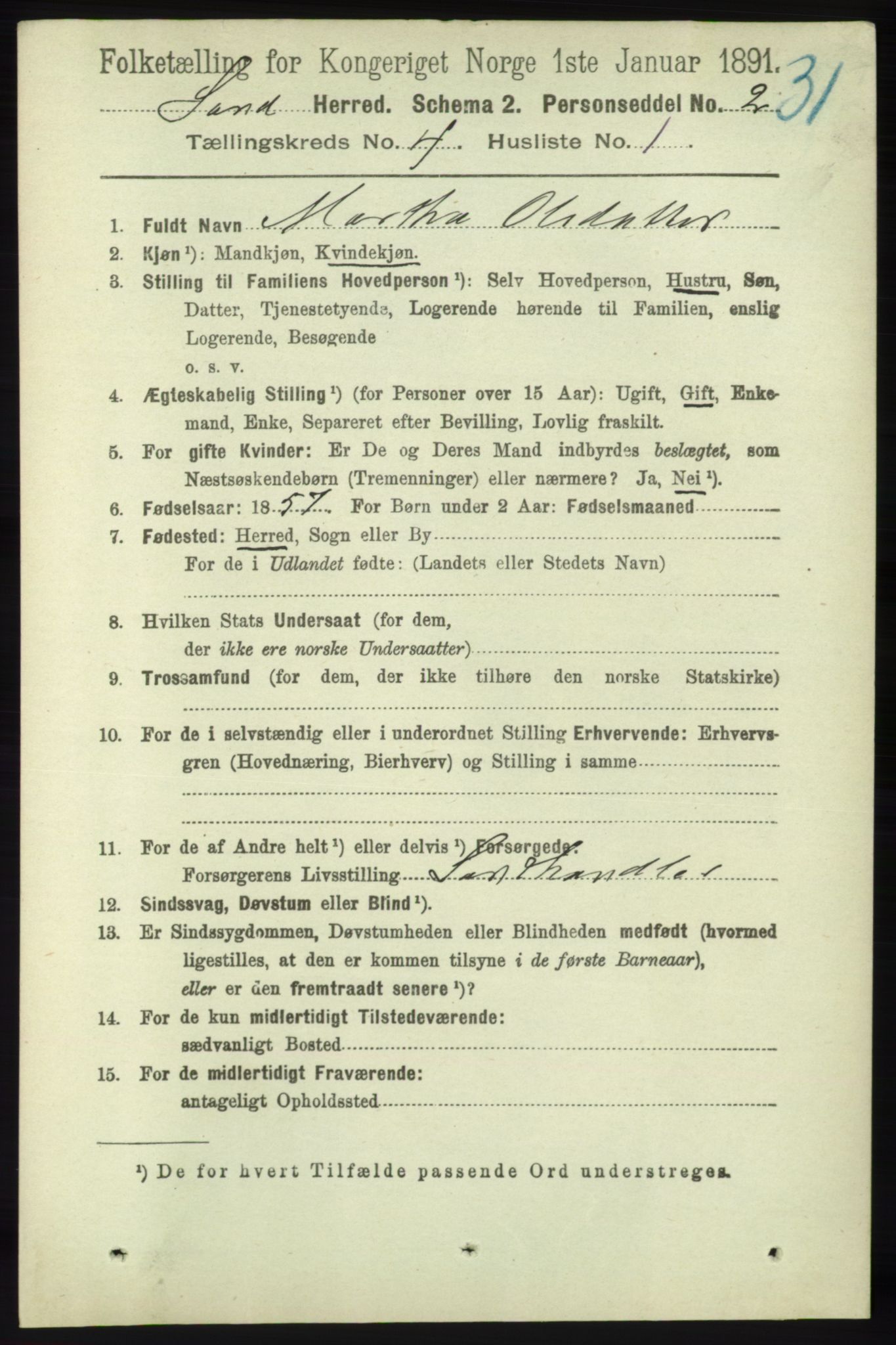 RA, 1891 census for 1136 Sand, 1891, p. 1207