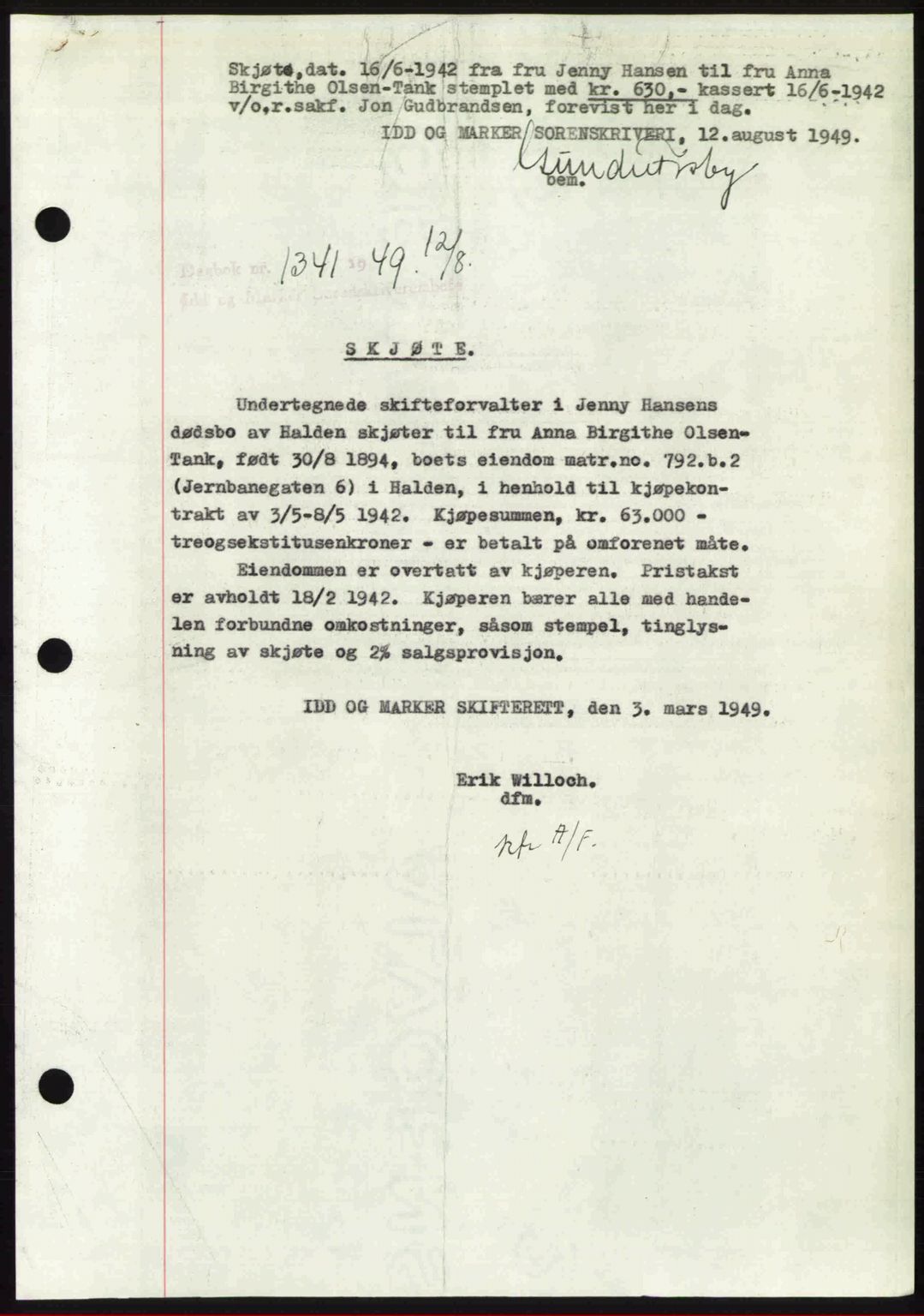 Idd og Marker sorenskriveri, AV/SAO-A-10283/G/Gb/Gbb/L0012: Mortgage book no. A12, 1949-1949, Diary no: : 1341/1949