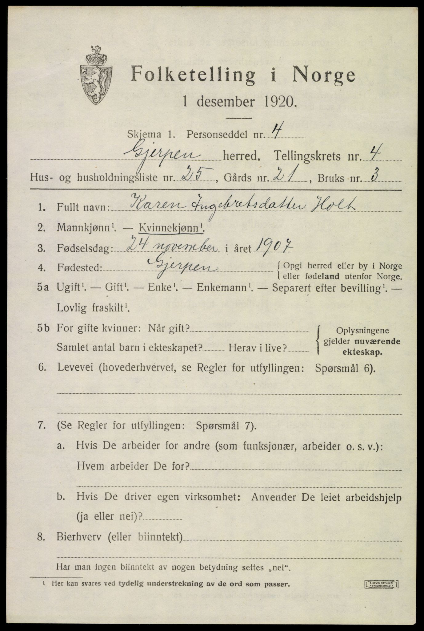 SAKO, 1920 census for Gjerpen, 1920, p. 6374