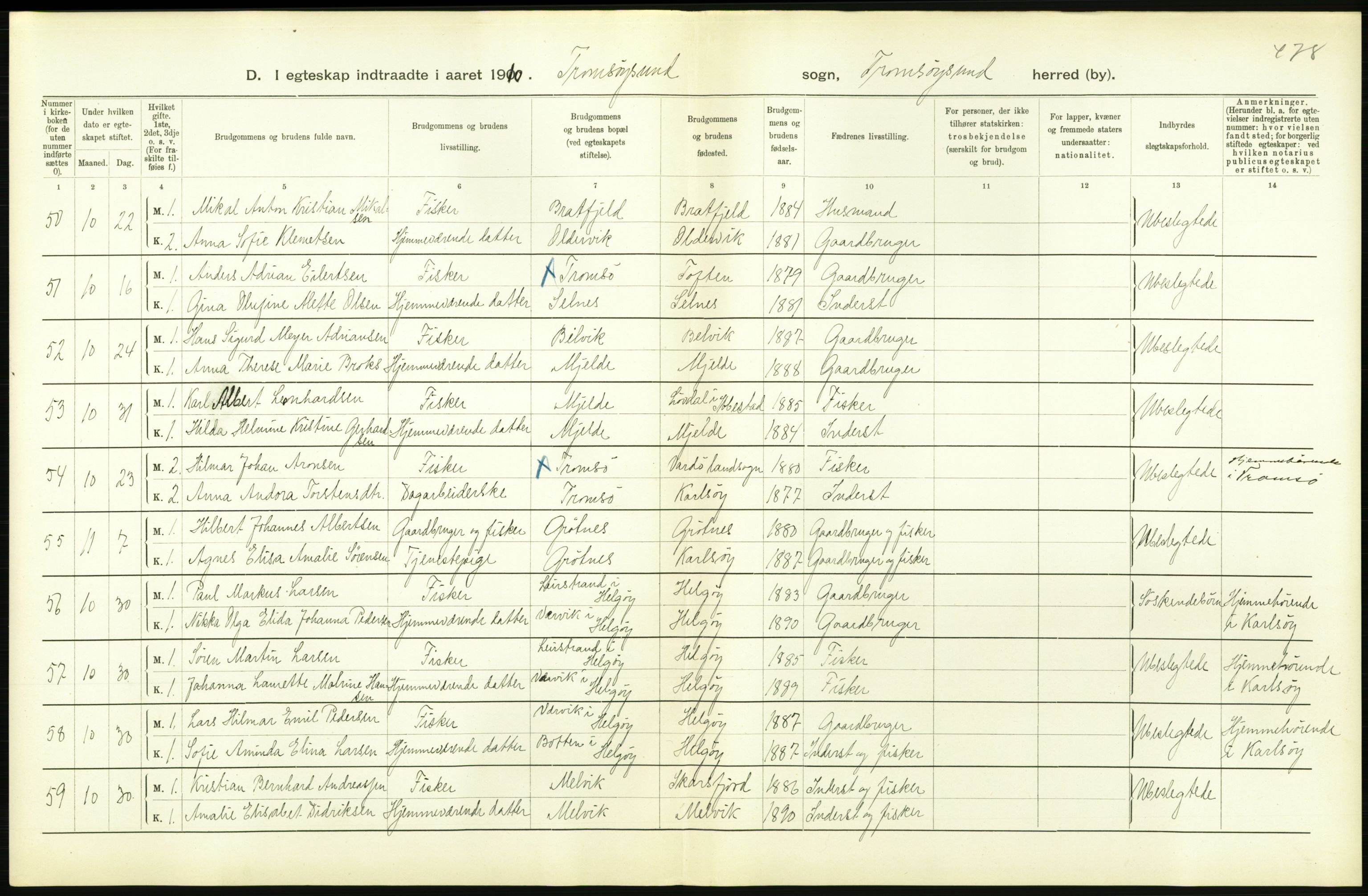 Statistisk sentralbyrå, Sosiodemografiske emner, Befolkning, AV/RA-S-2228/D/Df/Dfa/Dfah/L0044: Tromsø amt: Gifte, døde, dødfødte. Bygder og byer., 1910, p. 36