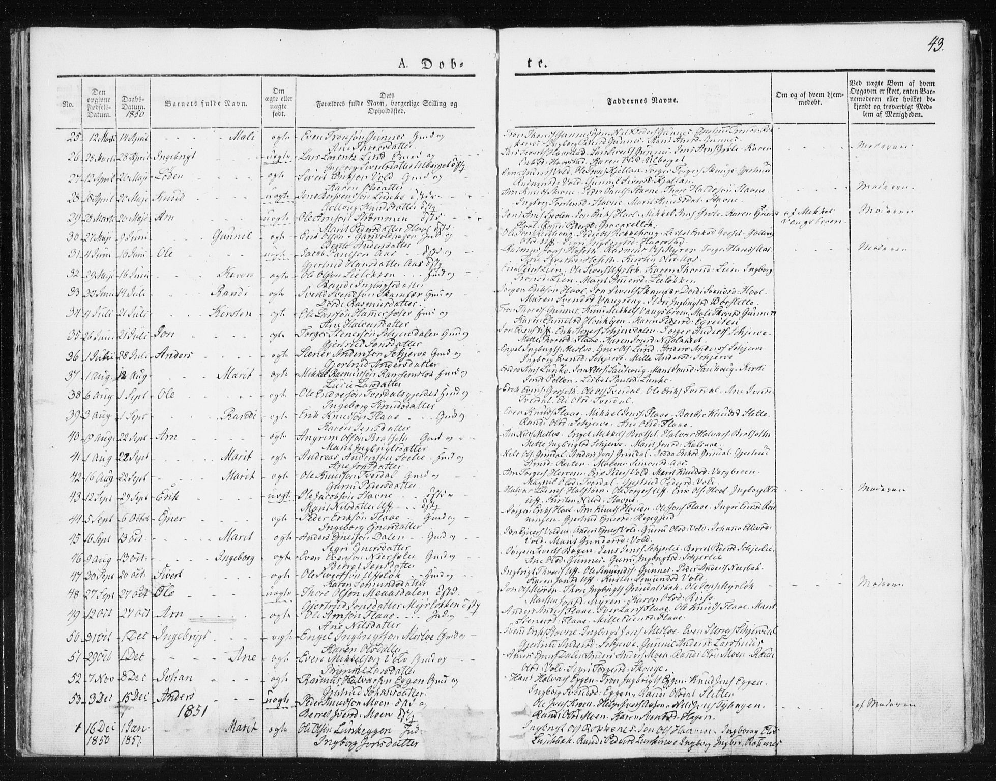 Ministerialprotokoller, klokkerbøker og fødselsregistre - Sør-Trøndelag, SAT/A-1456/674/L0869: Parish register (official) no. 674A01, 1829-1860, p. 43
