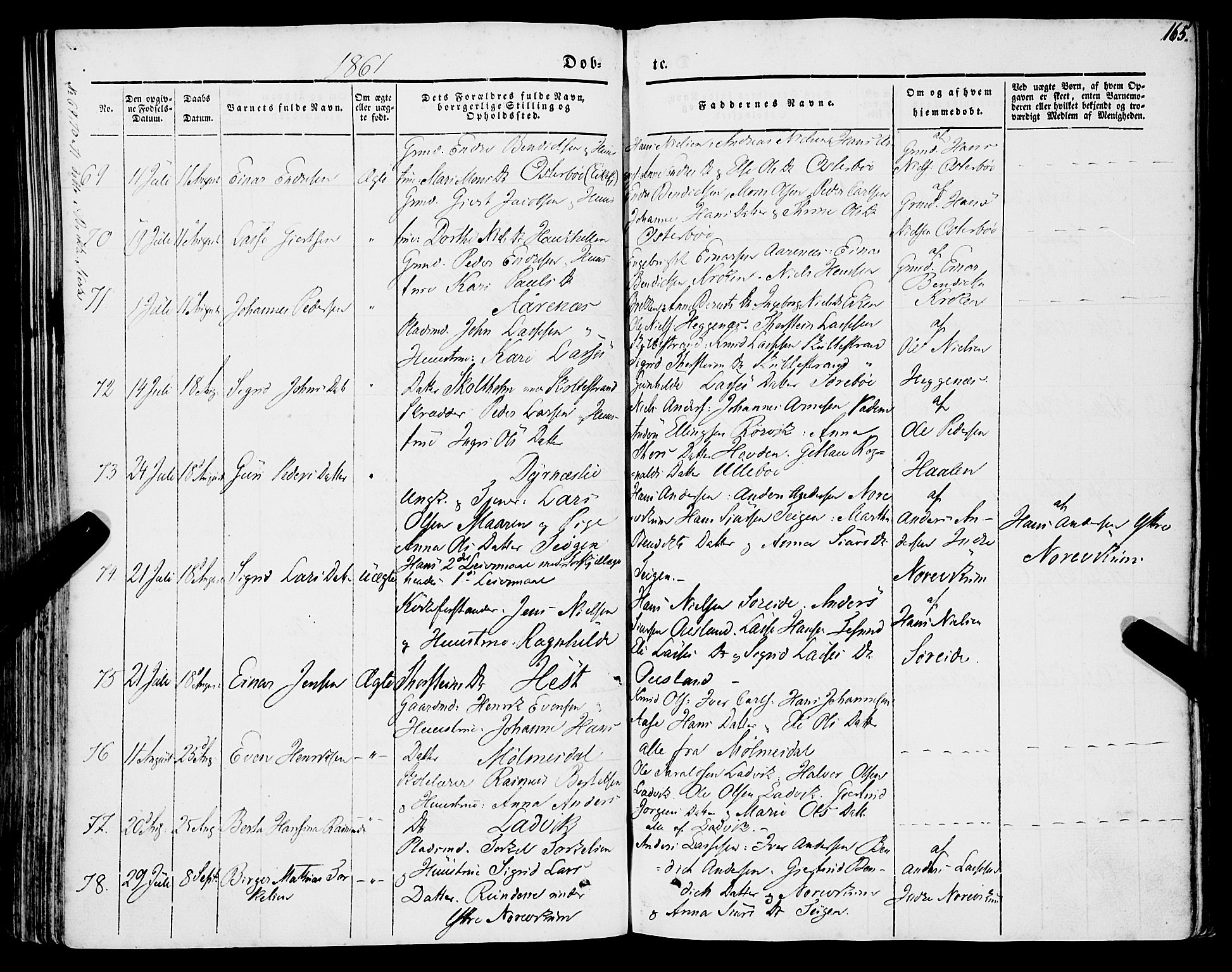 Lavik sokneprestembete, SAB/A-80901: Parish register (official) no. A 3, 1843-1863, p. 165