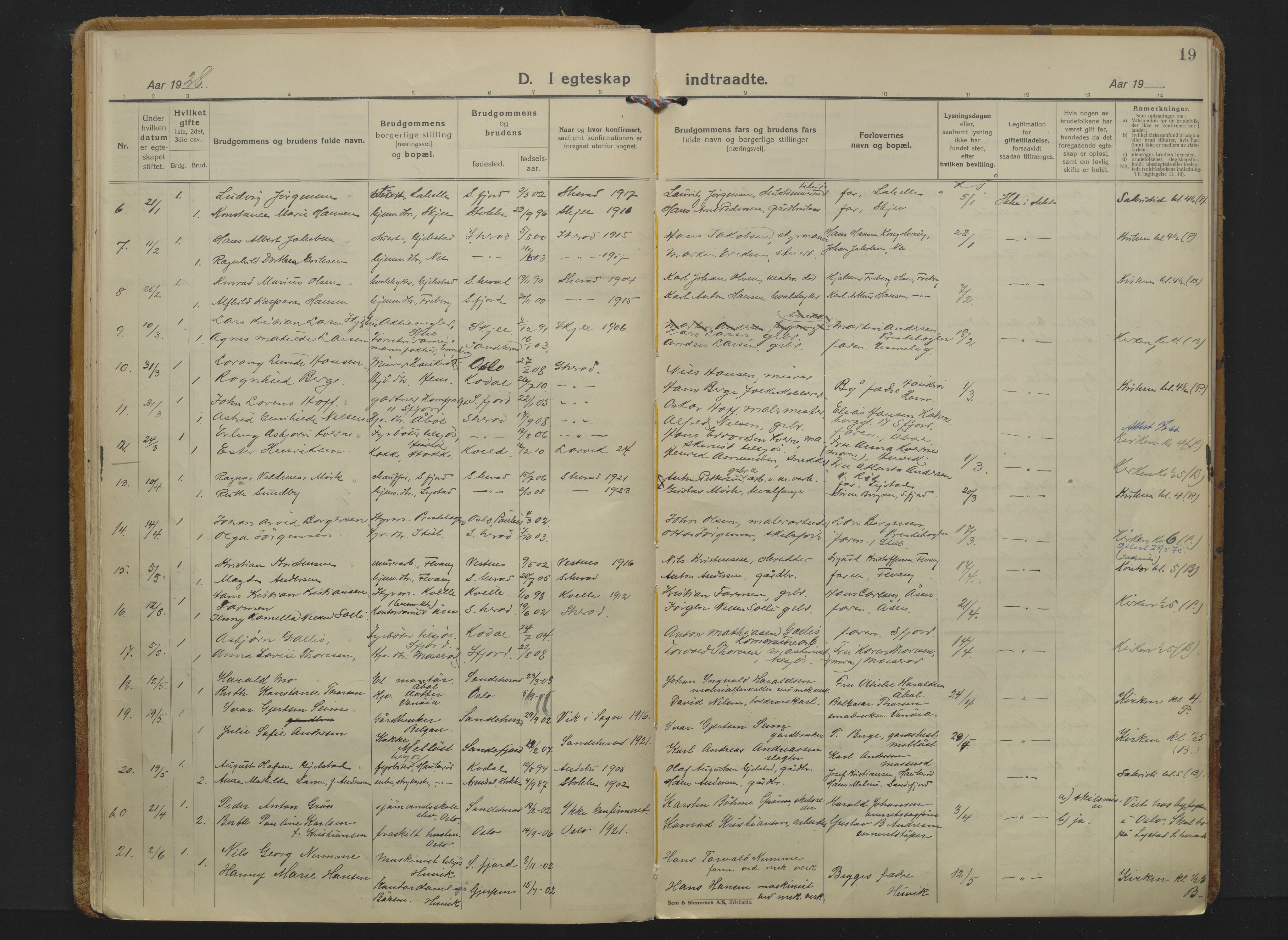 Sandar kirkebøker, AV/SAKO-A-243/F/Fa/L0023: Parish register (official) no. 23, 1924-1932, p. 19