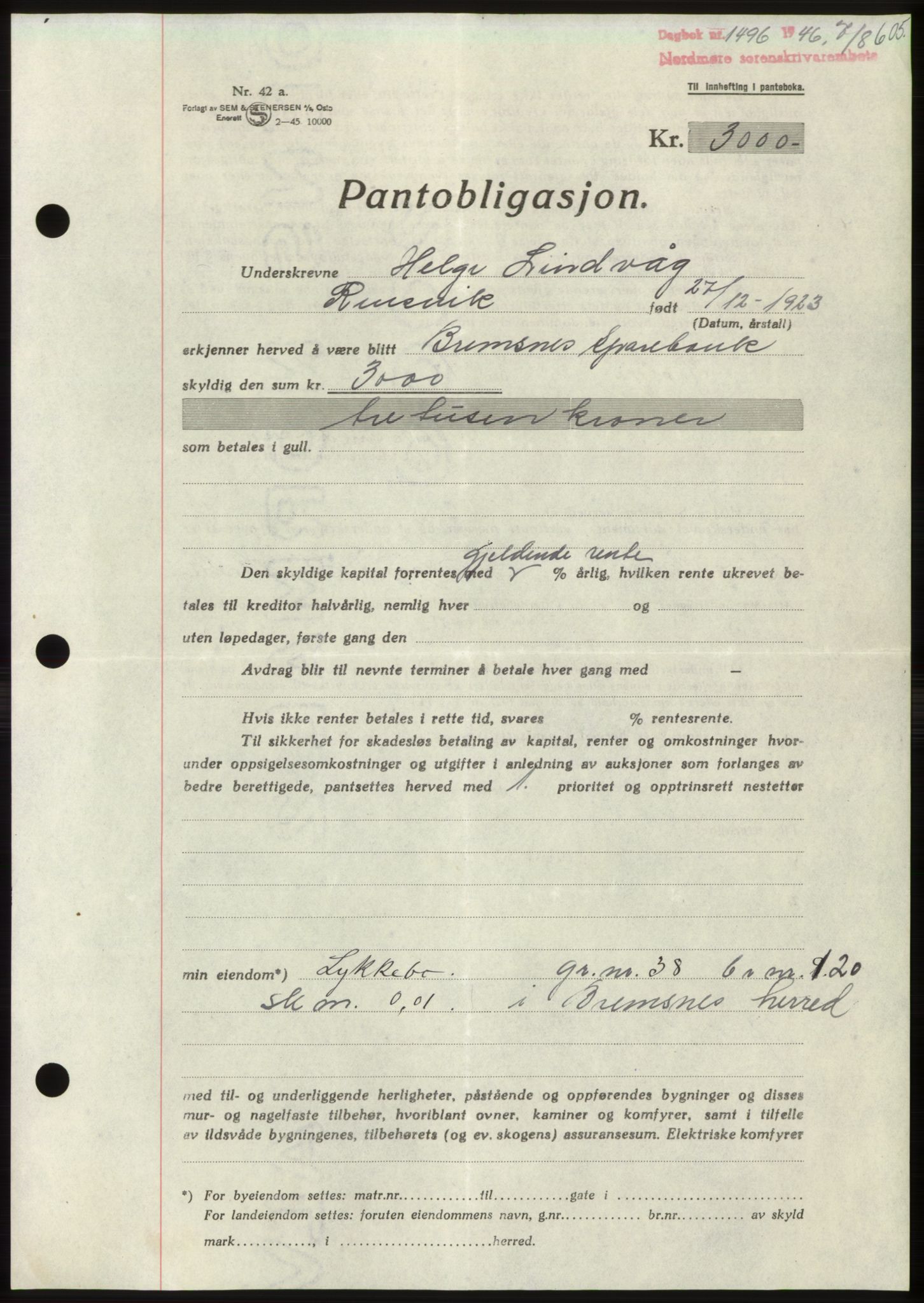 Nordmøre sorenskriveri, AV/SAT-A-4132/1/2/2Ca: Mortgage book no. B94, 1946-1946, Diary no: : 1496/1946