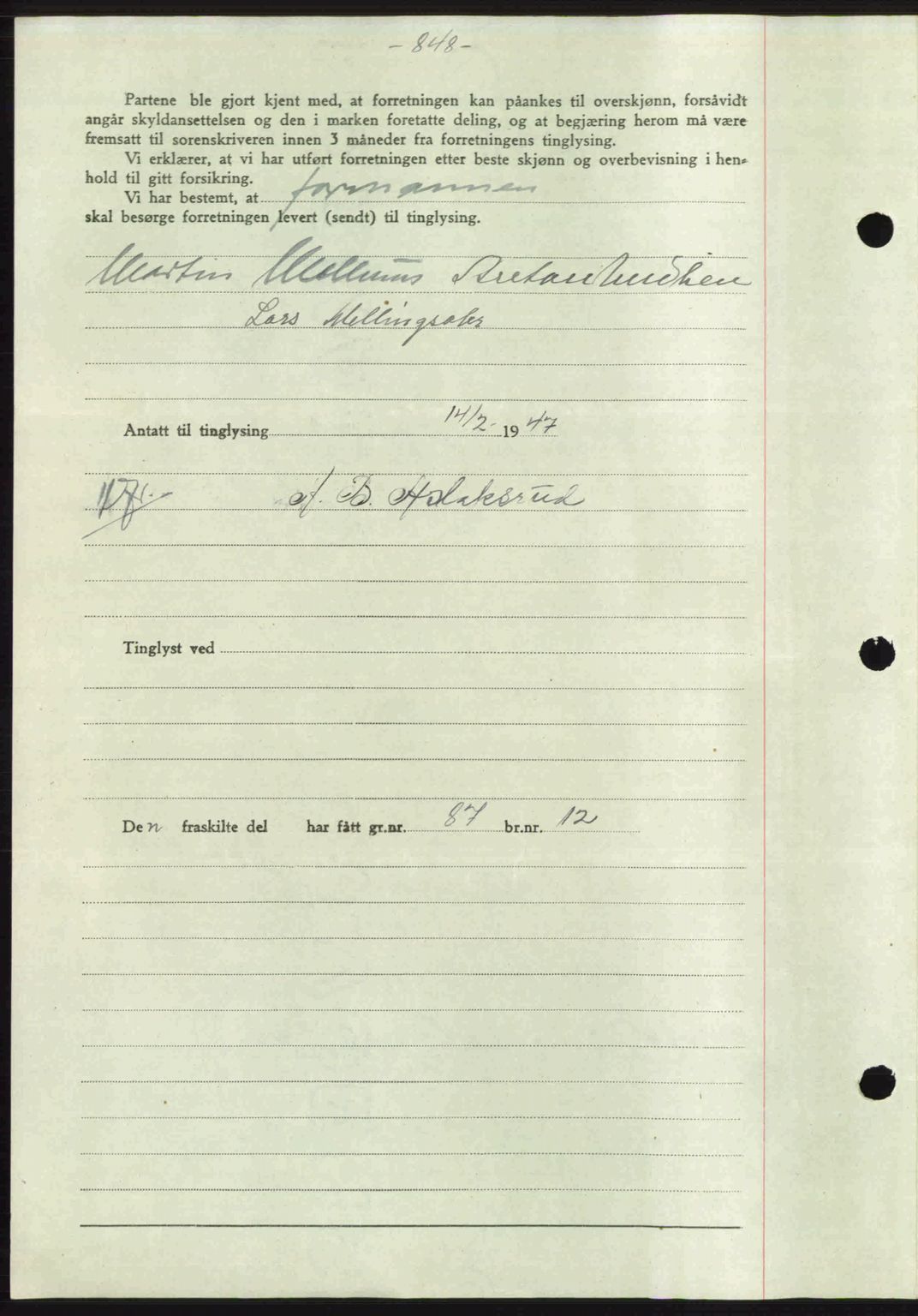 Gauldal sorenskriveri, SAT/A-0014/1/2/2C: Mortgage book no. A3, 1947-1947, Diary no: : 174/1947