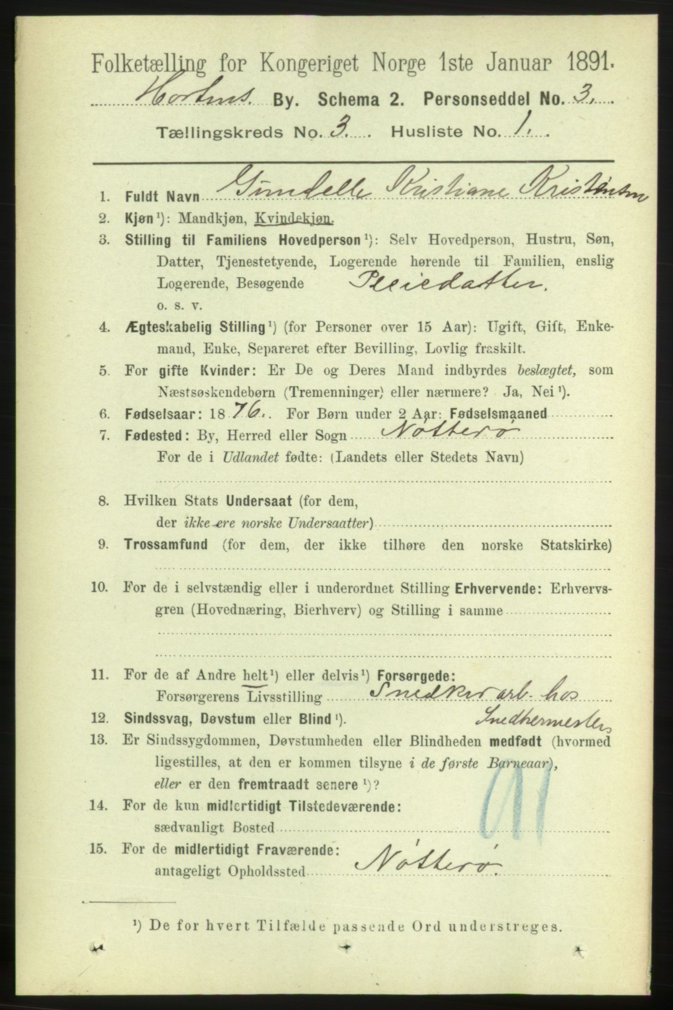 RA, 1891 census for 0703 Horten, 1891, p. 2689