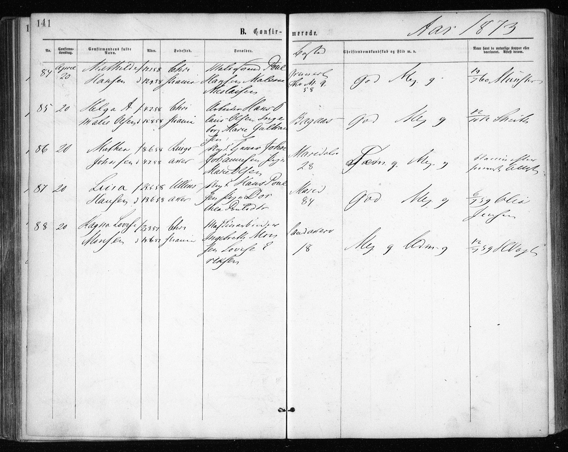 Gamle Aker prestekontor Kirkebøker, AV/SAO-A-10617a/F/L0003: Parish register (official) no. 3, 1865-1873, p. 141